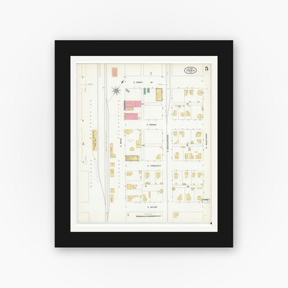 Old map wall art mockup — black gallery frame with white mat — Sanborn Fire Insurance Map from Ennis, Ellis County, Texas (1909), Sheet #0005