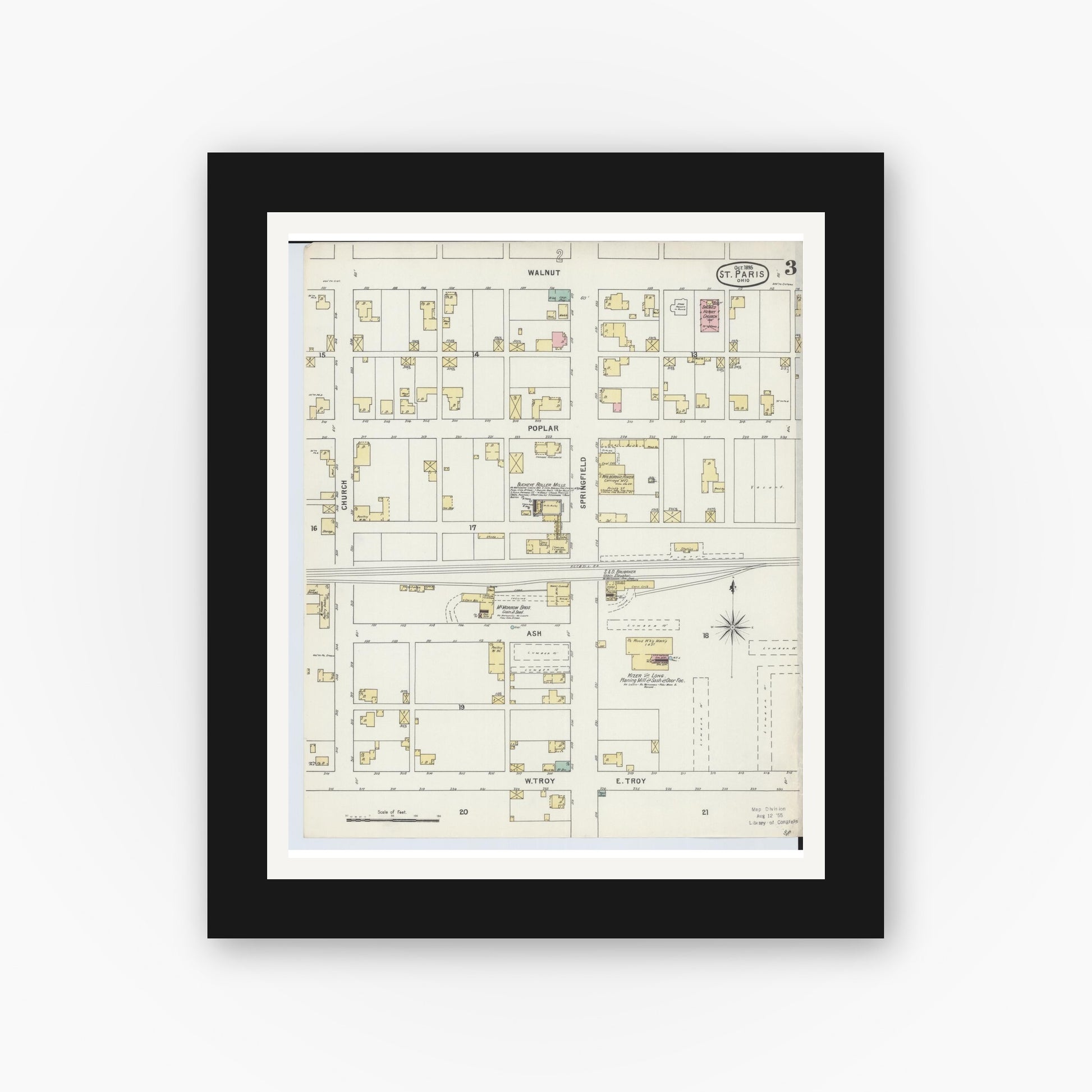 Old map wall art mockup — black gallery frame with white mat — Sanborn Fire Insurance Map from Saint Paris, Champaign County, Ohio (1895), Sheet #0003