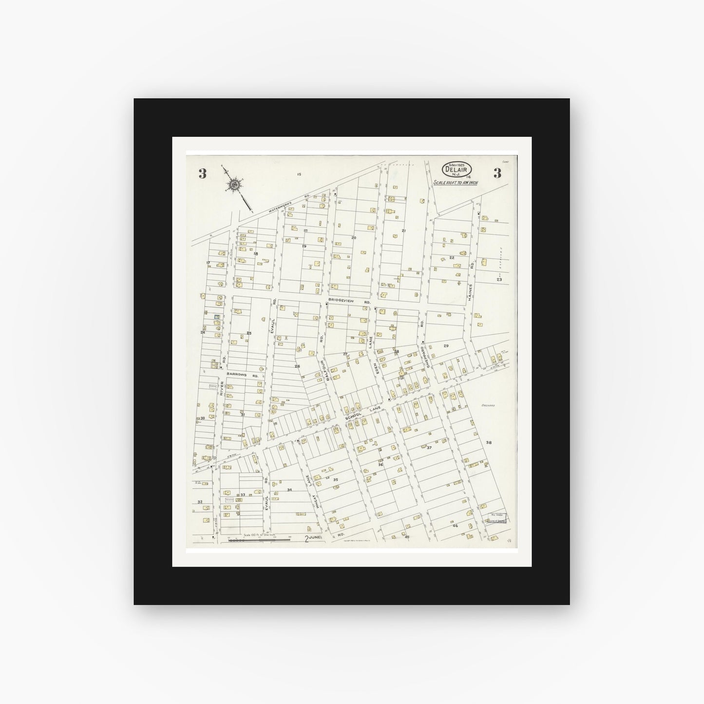 Old map wall art mockup — black gallery frame with white mat — Sanborn Fire Insurance Map from Delair, Camden County, New Jersey (1925), Sheet #0003