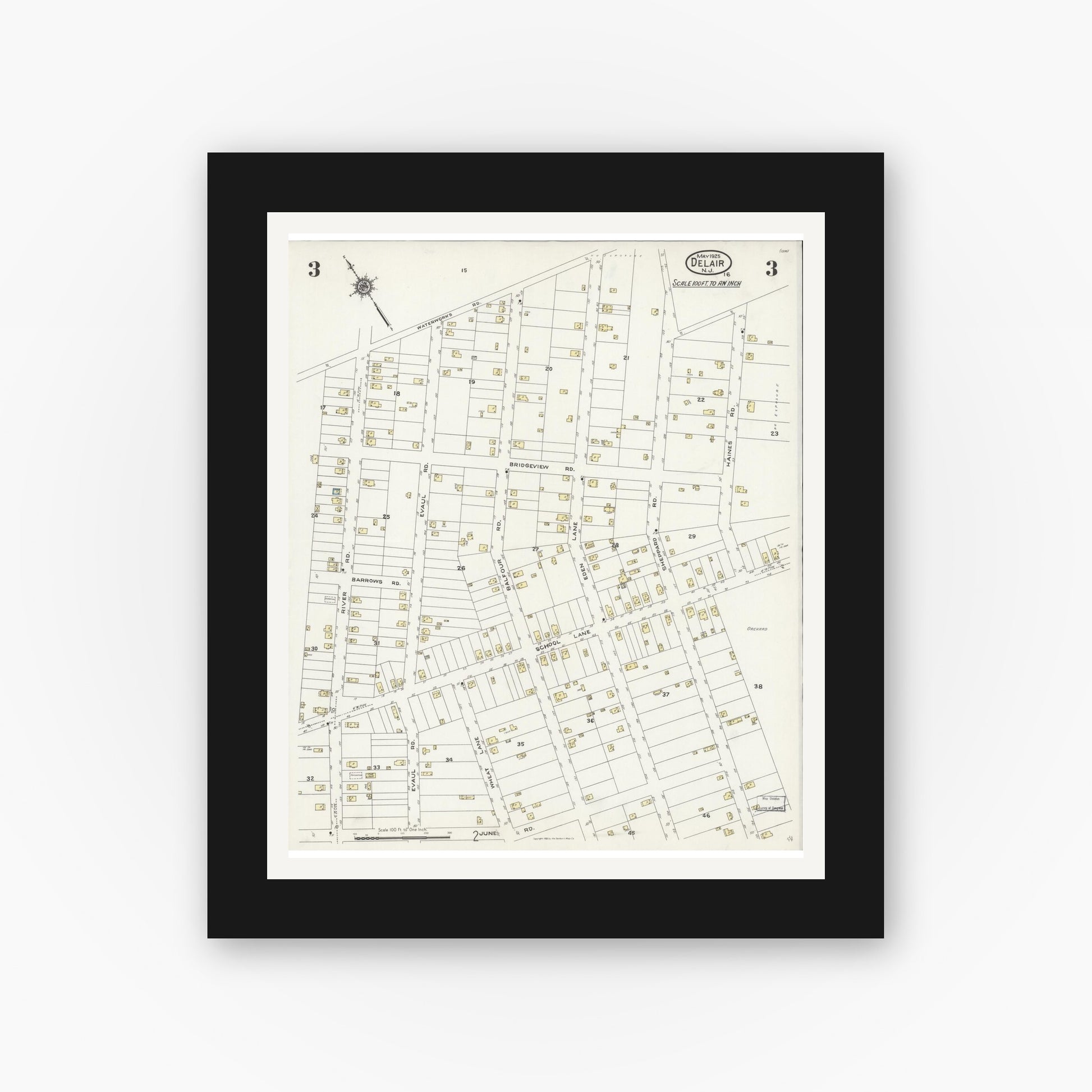 Old map wall art mockup — black gallery frame with white mat — Sanborn Fire Insurance Map from Delair, Camden County, New Jersey (1925), Sheet #0003