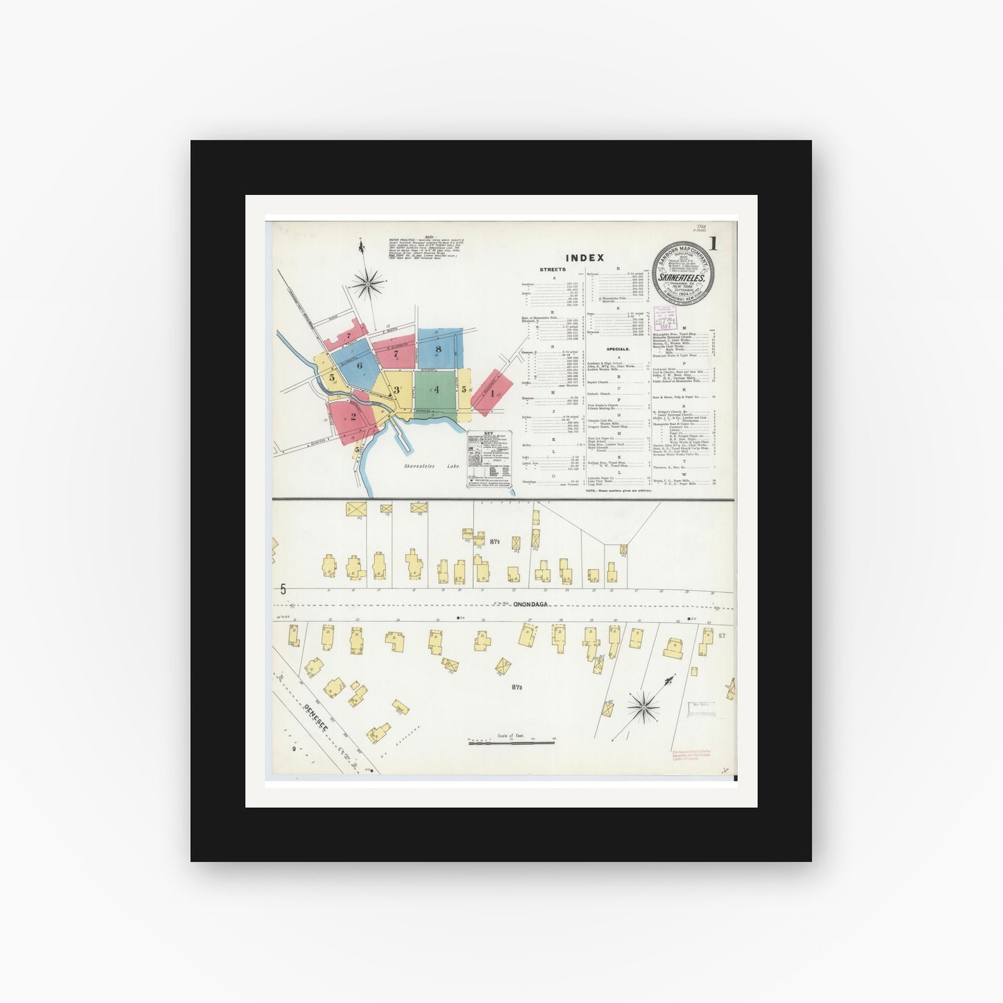 Old map wall art mockup — black gallery frame with white mat — Sanborn Fire Insurance Map from Skaneateles, Onondaga County, New York (1904), Sheet #0001