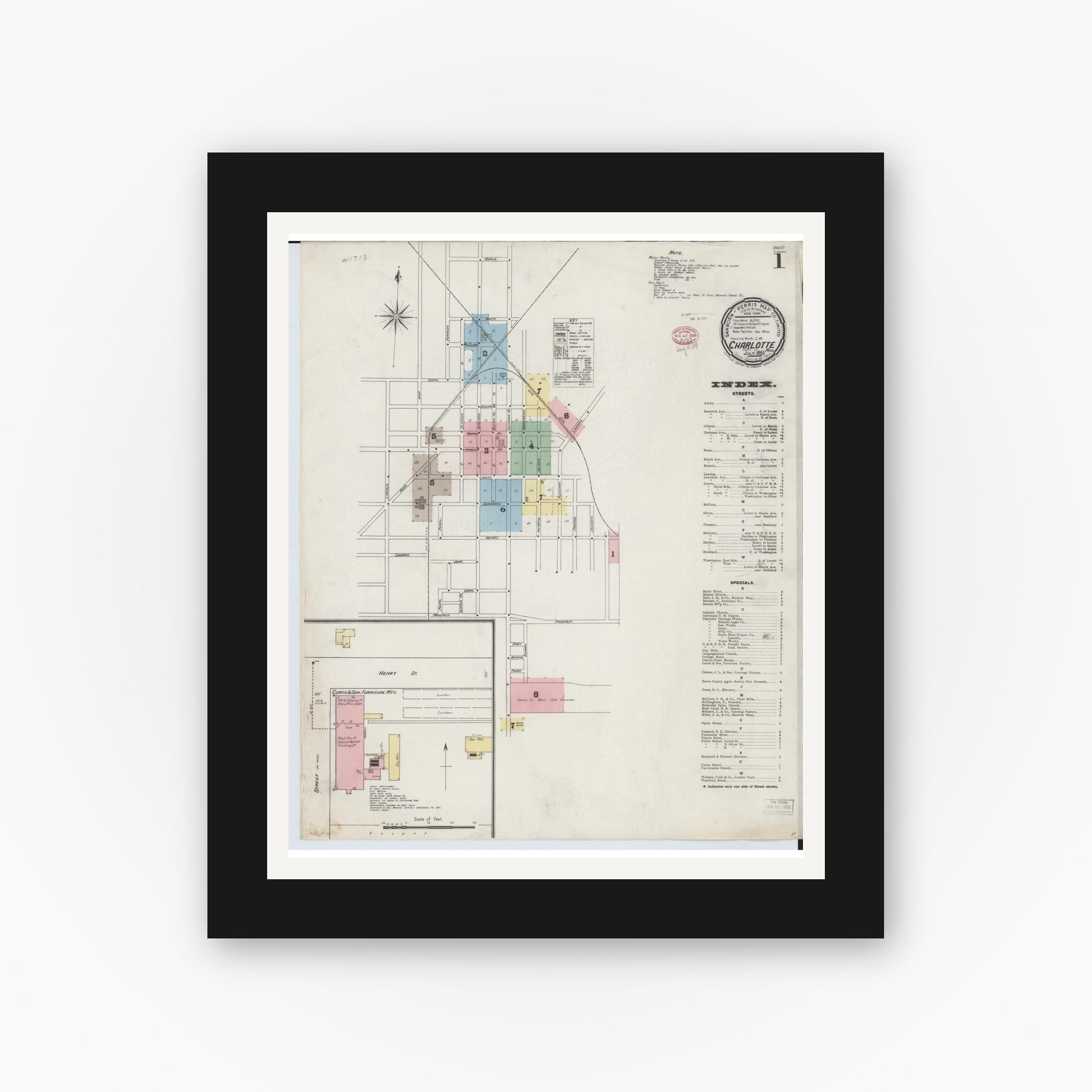 Old map wall art mockup — black gallery frame with white mat — Sanborn Fire Insurance Map from Charlotte, Eaton County, Michigan (1895), Sheet #0001