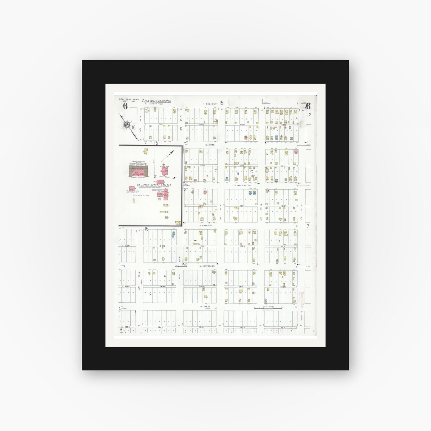 Old map wall art mockup — black gallery frame with white mat — Sanborn Fire Insurance Map from New Ulm, Brown County, Minnesota (1935), Sheet #0006
