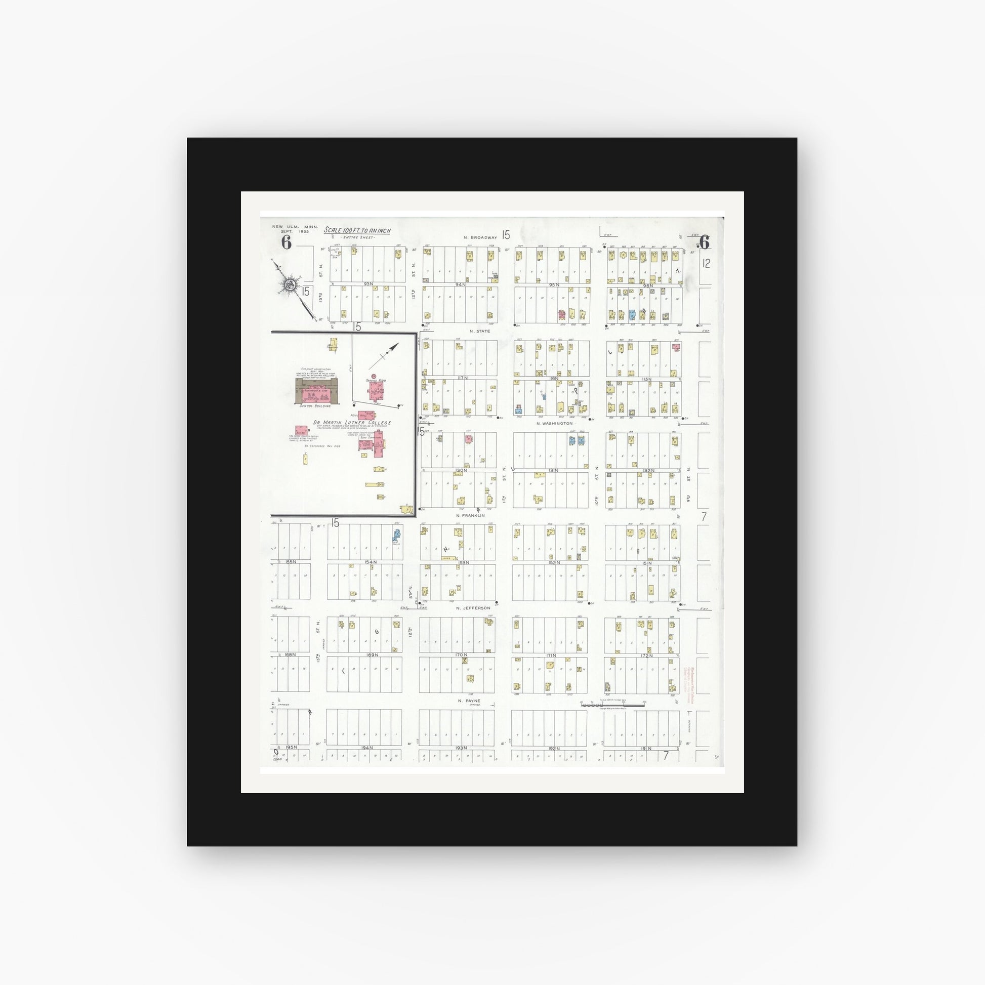 Old map wall art mockup — black gallery frame with white mat — Sanborn Fire Insurance Map from New Ulm, Brown County, Minnesota (1935), Sheet #0006
