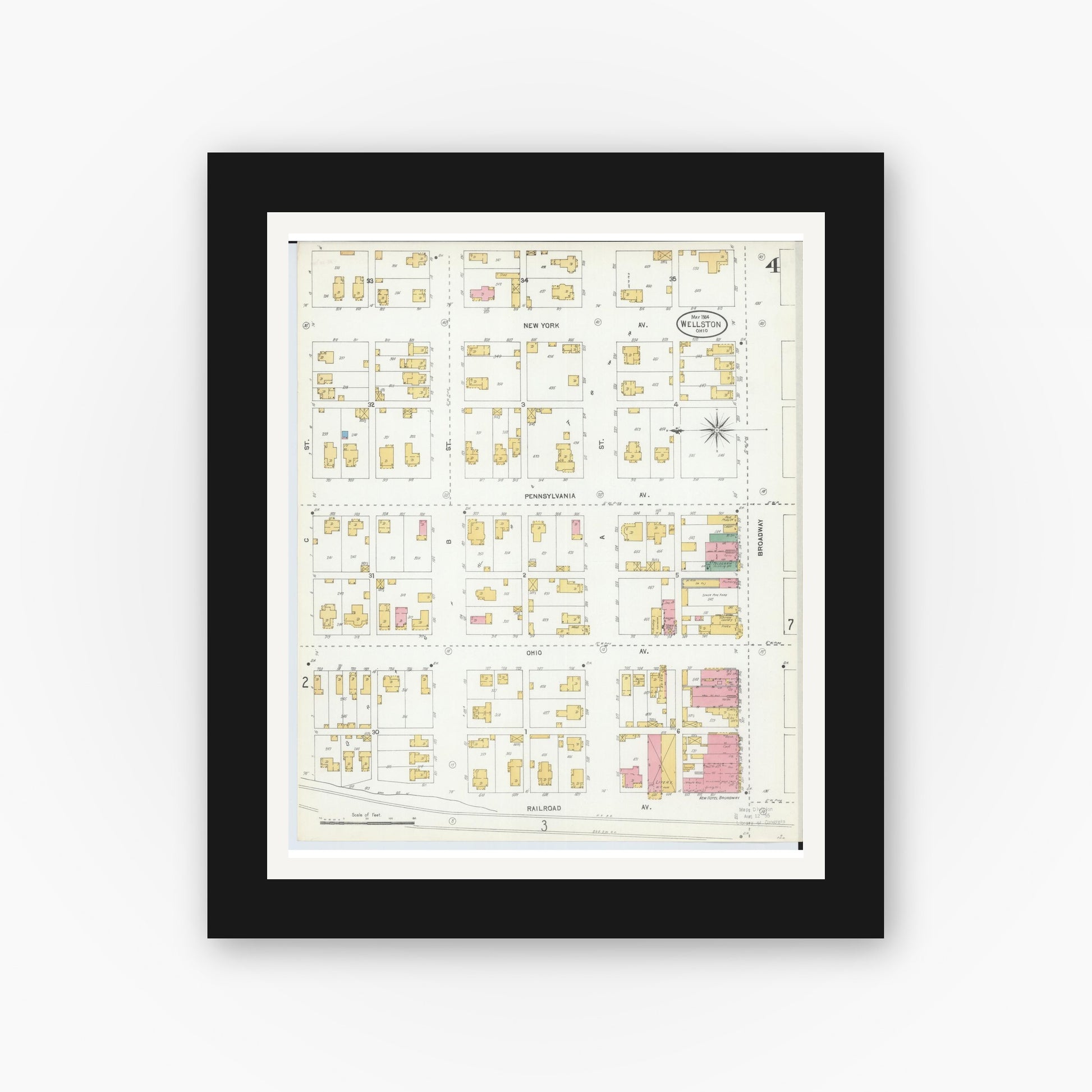 Old map wall art mockup — black gallery frame with white mat — Sanborn Fire Insurance Map from Wellston, Jackson County, Ohio (1904), Sheet #0004