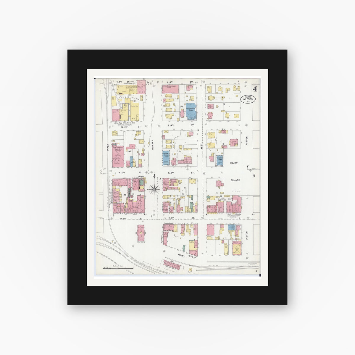 Old map wall art mockup — black gallery frame with white mat — Sanborn Fire Insurance Map from Alton, Madison County, Illinois (1902), Sheet #0004