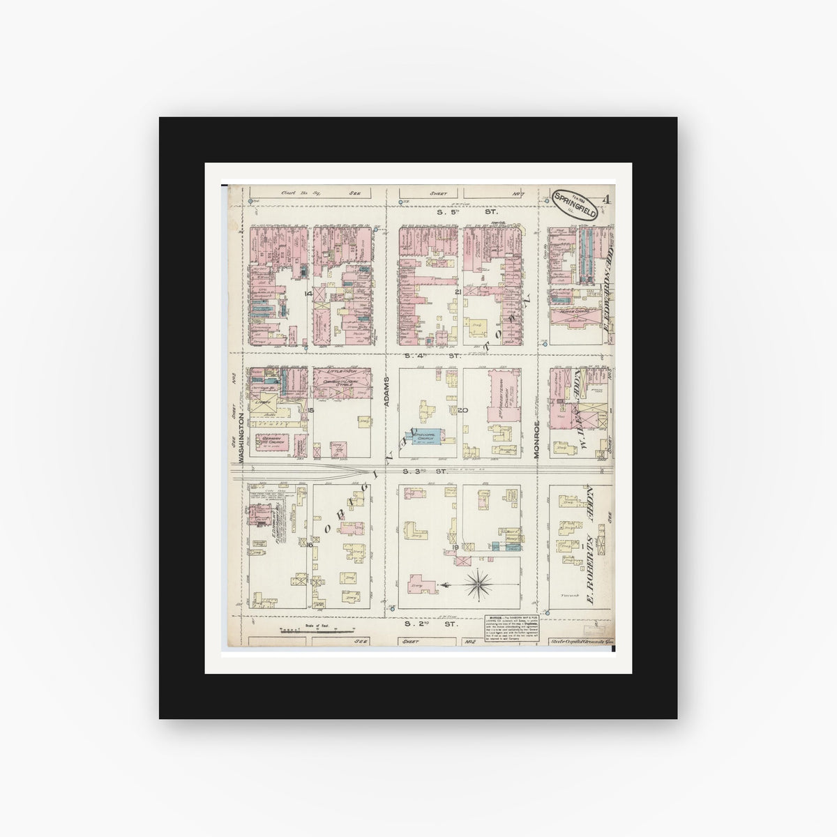 Old map wall art mockup — black gallery frame with white mat — Sanborn Fire Insurance Map from Springfield, Sangamon County, Illinois (1884), Sheet #0004
