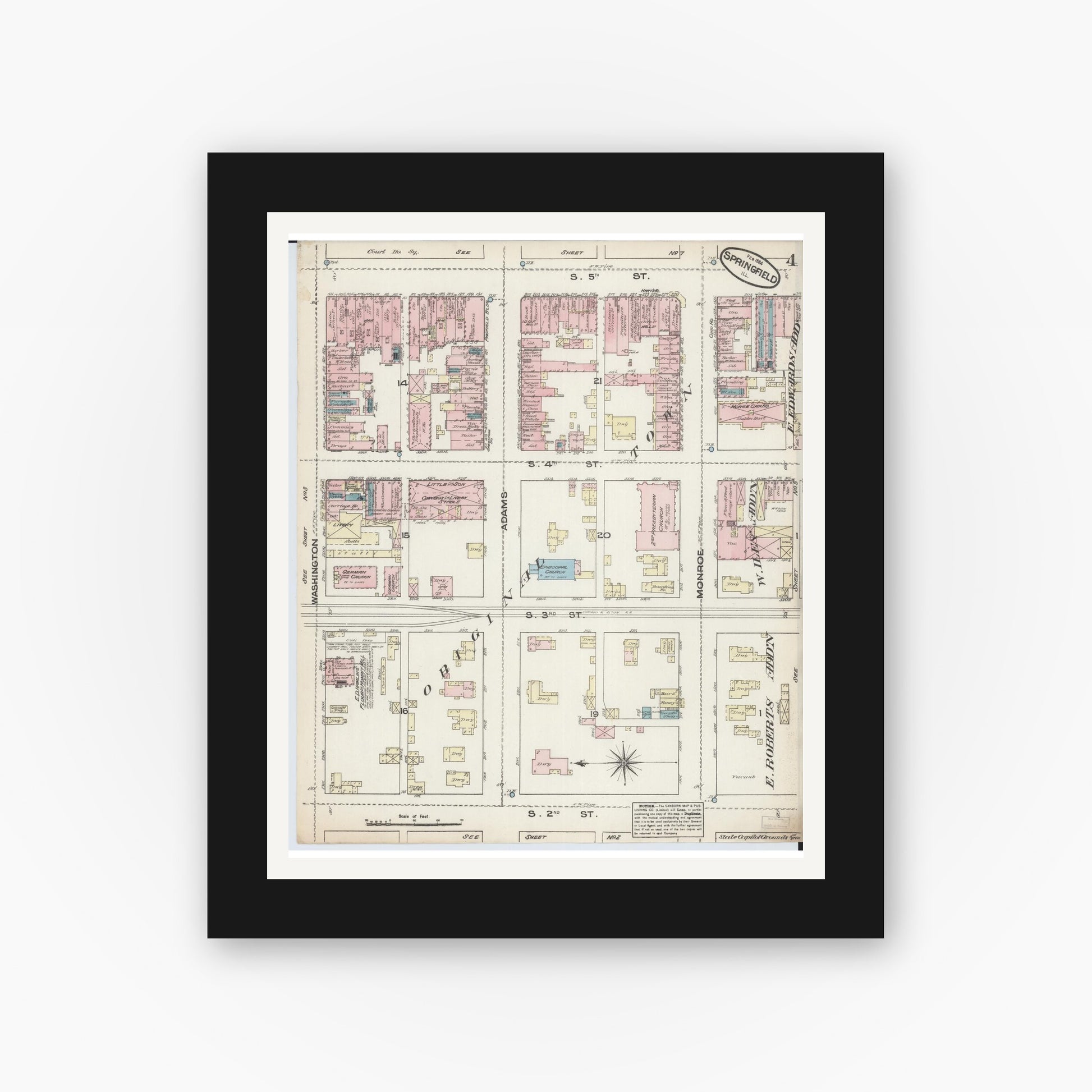 Old map wall art mockup — black gallery frame with white mat — Sanborn Fire Insurance Map from Springfield, Sangamon County, Illinois (1884), Sheet #0004