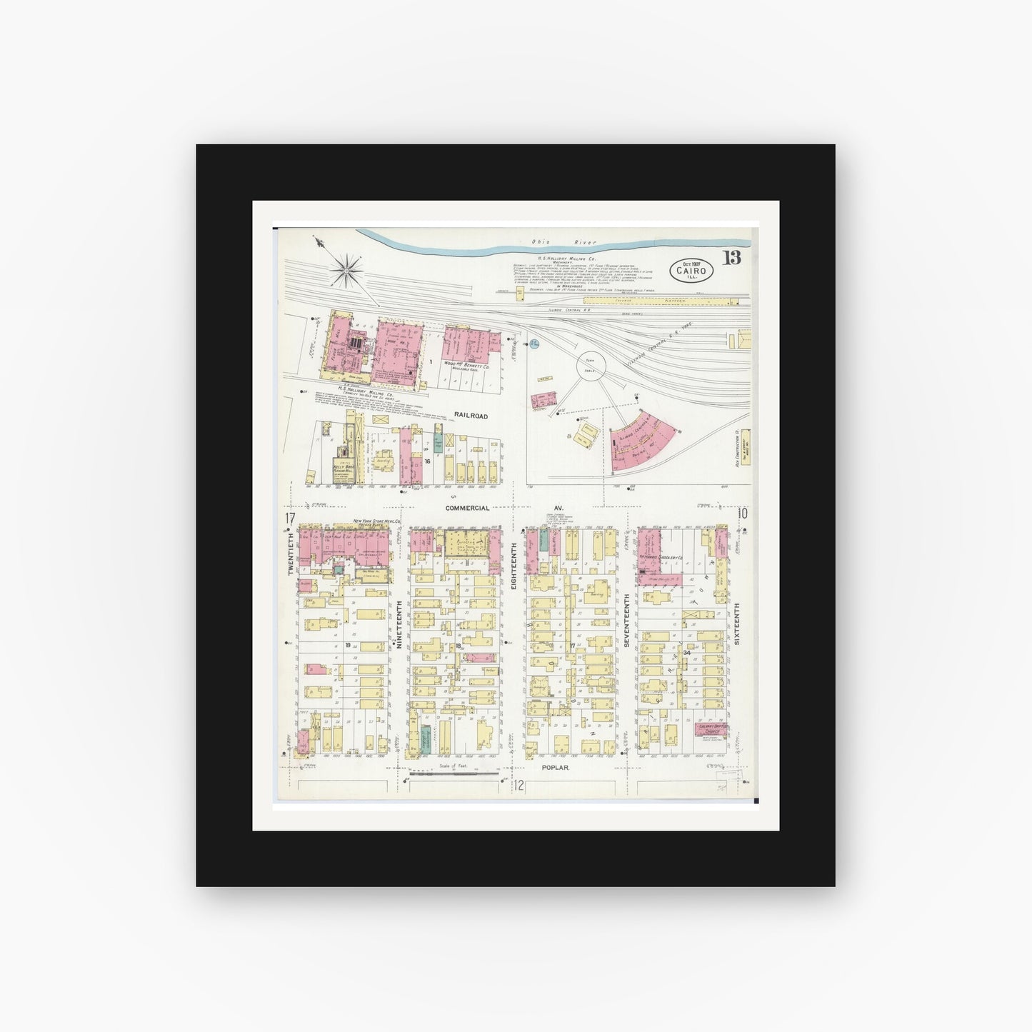 Old map wall art mockup — black gallery frame with white mat — Sanborn Fire Insurance Map from Cairo, Alexander County, Illinois (1907), Sheet #0013