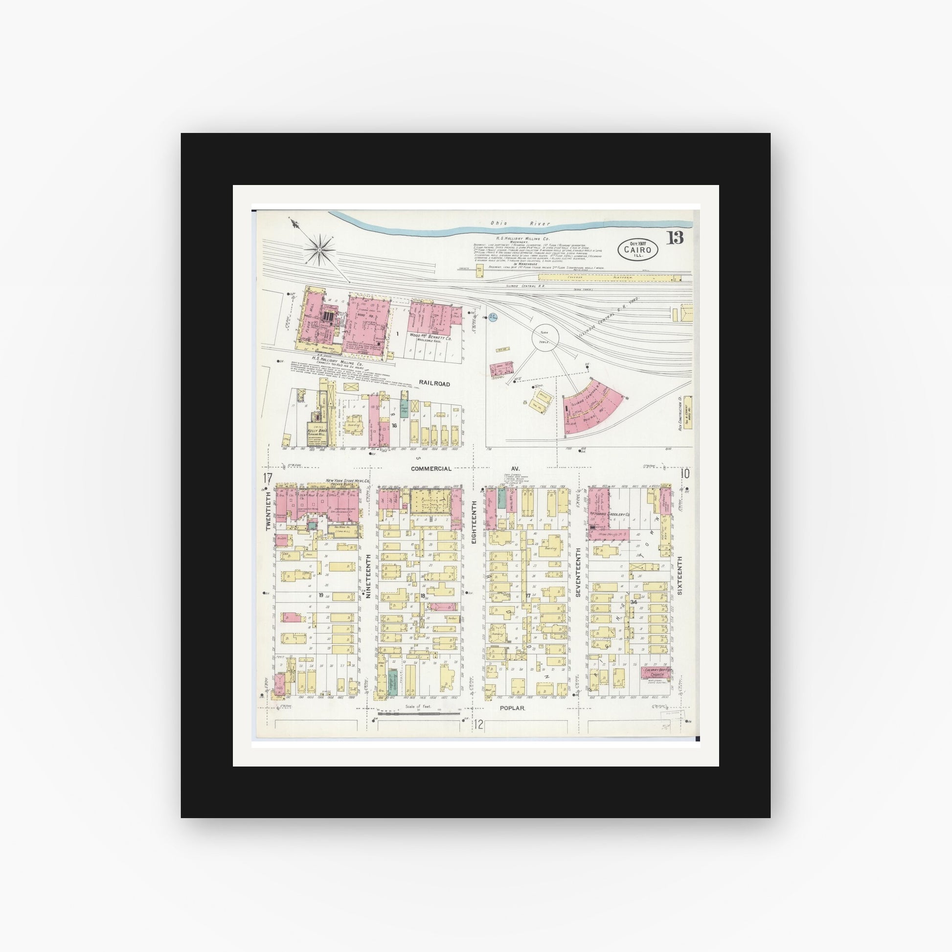Old map wall art mockup — black gallery frame with white mat — Sanborn Fire Insurance Map from Cairo, Alexander County, Illinois (1907), Sheet #0013