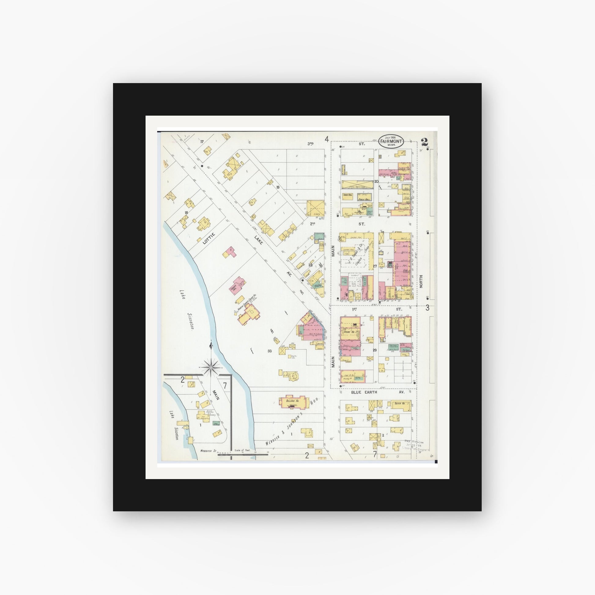Old map wall art mockup — black gallery frame with white mat — Sanborn Fire Insurance Map from Fairmont, Martin County, Minnesota (1900), Sheet #0002