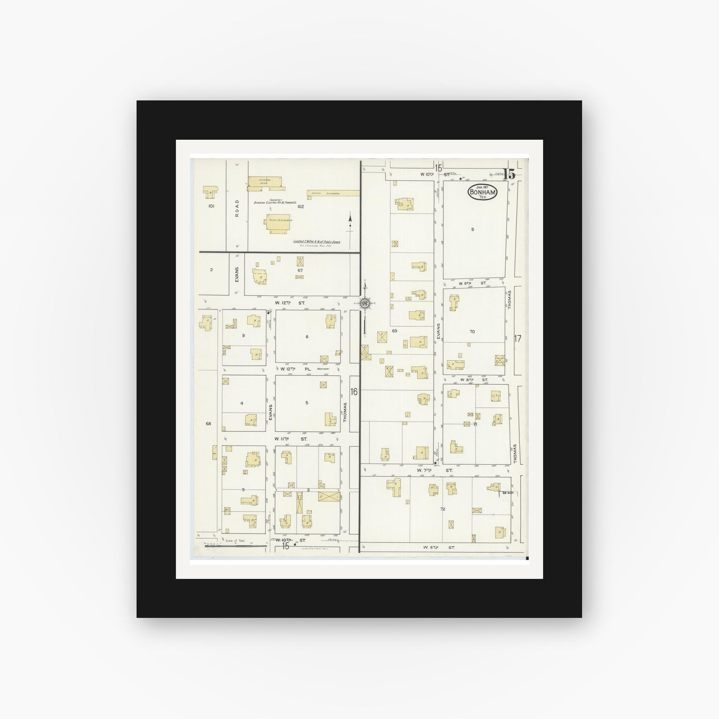 Old map wall art mockup — black gallery frame with white mat — Sanborn Fire Insurance Map from Bonham, Fannin County, Texas (1917), Sheet #0015