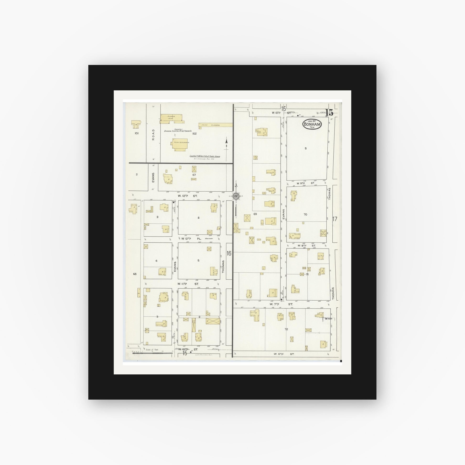 Old map wall art mockup — black gallery frame with white mat — Sanborn Fire Insurance Map from Bonham, Fannin County, Texas (1917), Sheet #0015