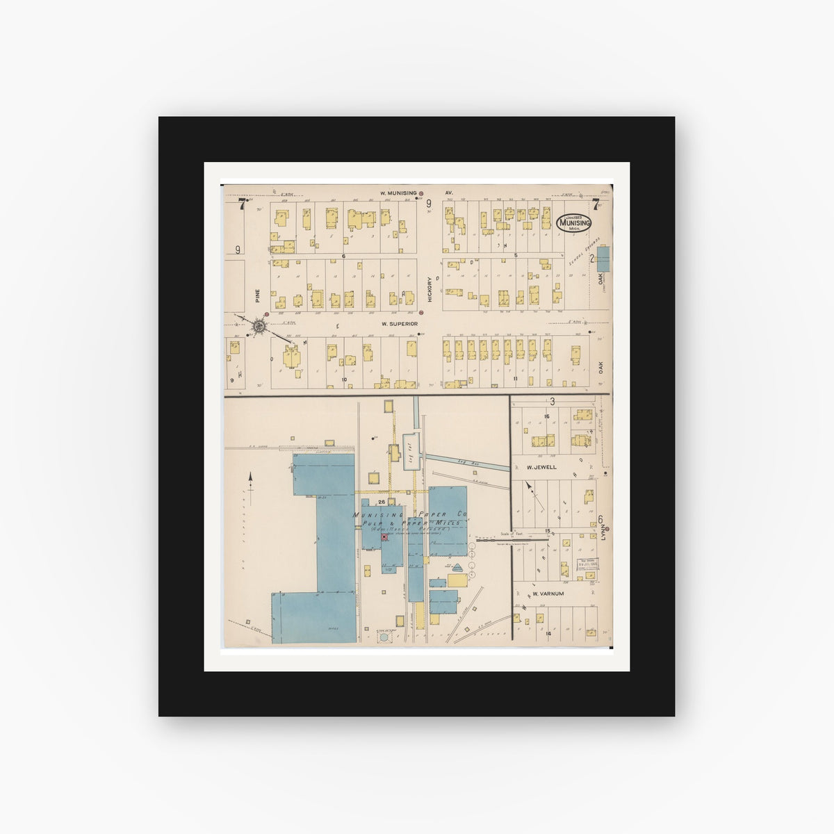 Old map wall art mockup — black gallery frame with white mat — Sanborn Fire Insurance Map from Munising, Alger County, Michigan (1923), Sheet #0007