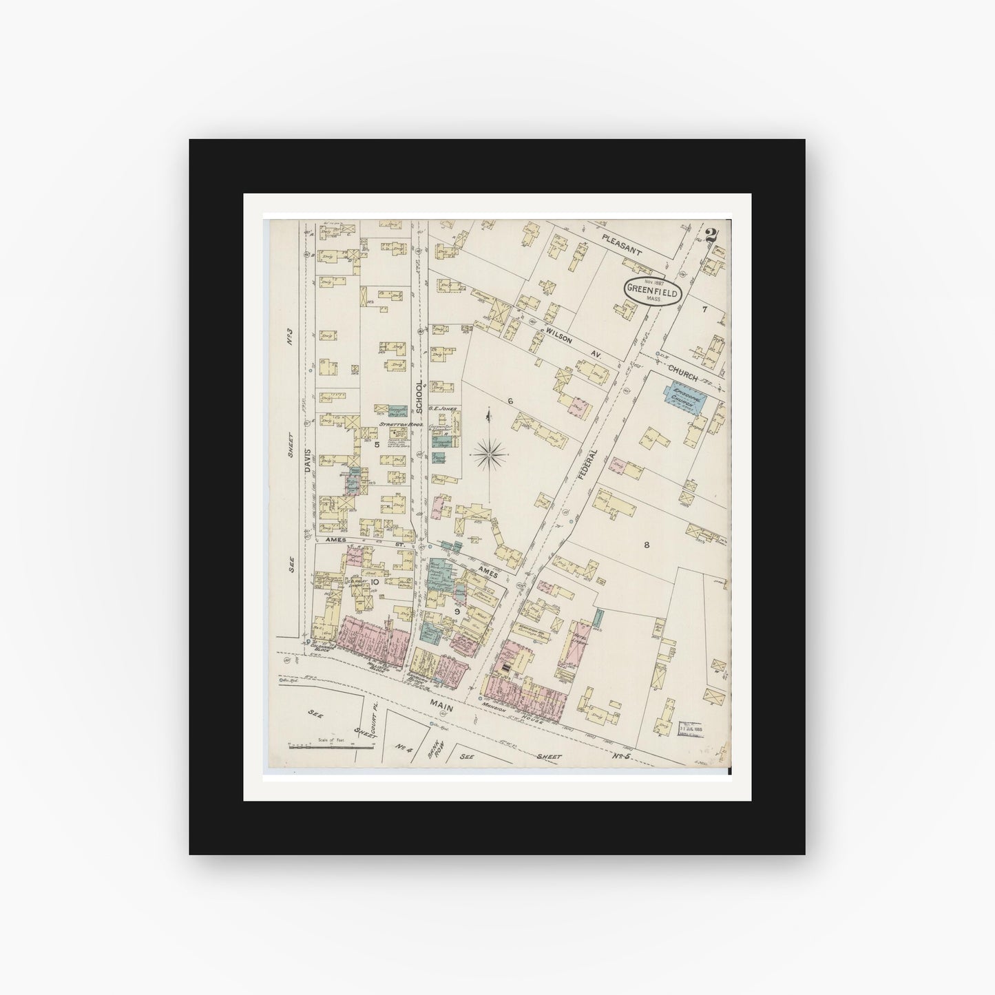 Old map wall art mockup — black gallery frame with white mat — Sanborn Fire Insurance Map from Greenfield, Franklin County, Massachusetts (1887), Sheet #0002