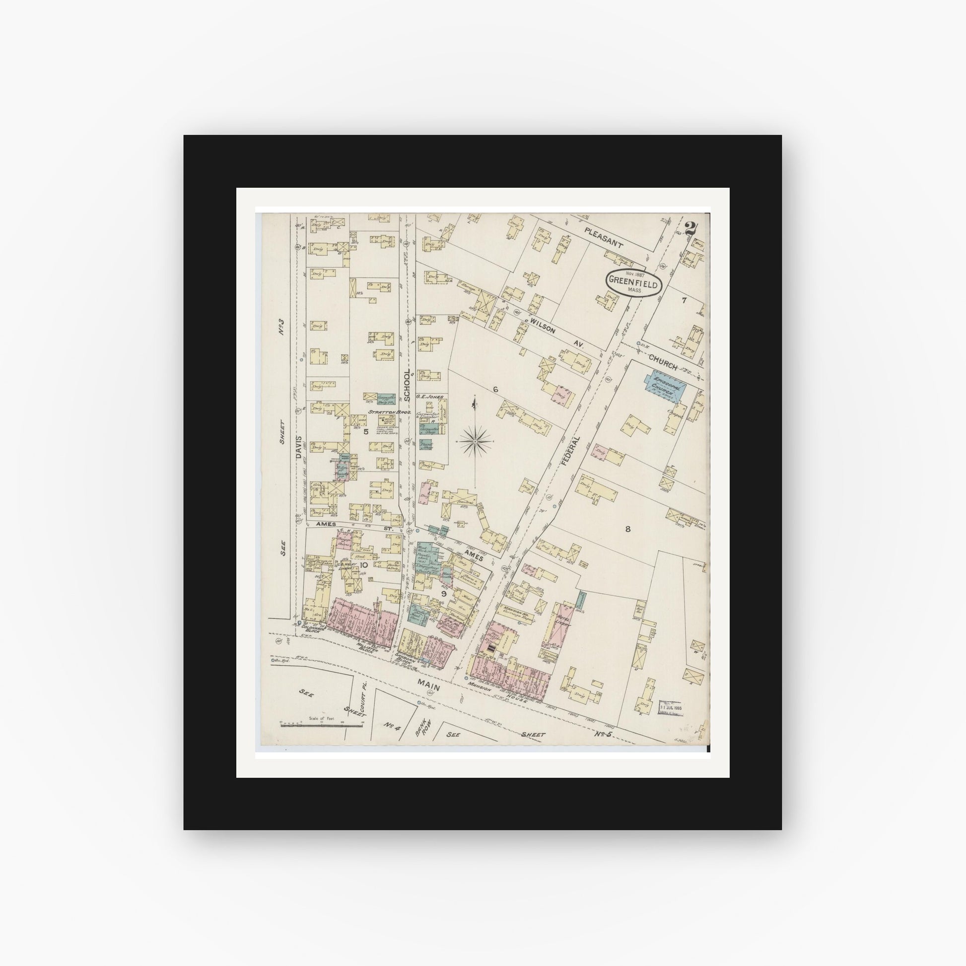 Old map wall art mockup — black gallery frame with white mat — Sanborn Fire Insurance Map from Greenfield, Franklin County, Massachusetts (1887), Sheet #0002