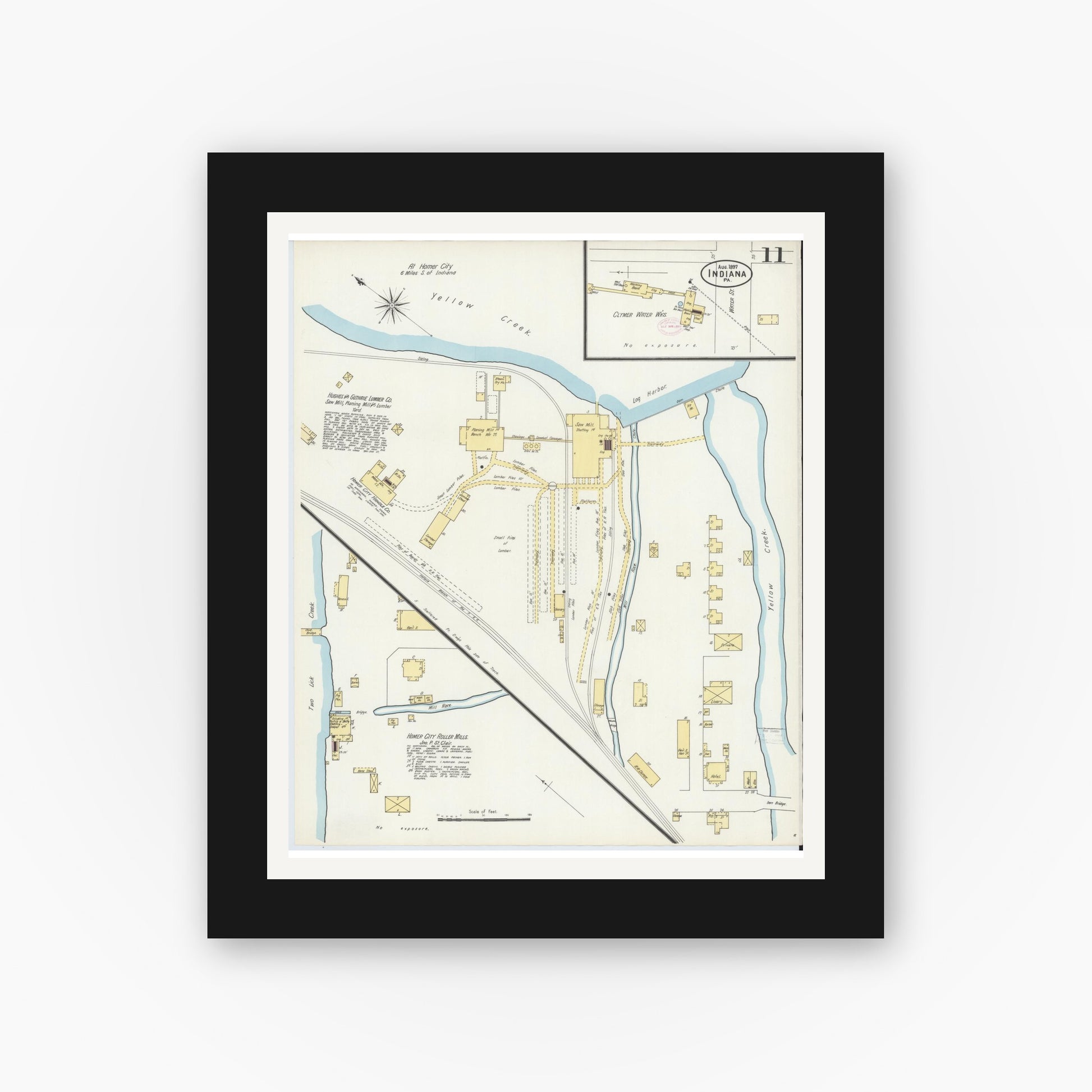 Old map wall art mockup — black gallery frame with white mat — Sanborn Fire Insurance Map from Indiana, Indiana County, Pennsylvania (1888), Sheet #0011