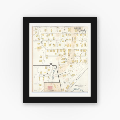 Old map wall art mockup — black gallery frame with white mat — Sanborn Fire Insurance Map from Caldwell, Noble County, Ohio (1932), Sheet #0011