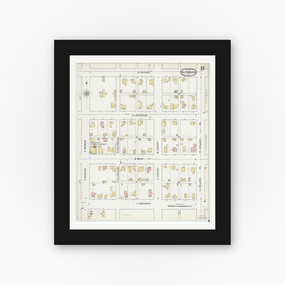 Old map wall art mockup — black gallery frame with white mat — Sanborn Fire Insurance Map from Valparaiso, Porter County, Indiana (1892), Sheet #0008
