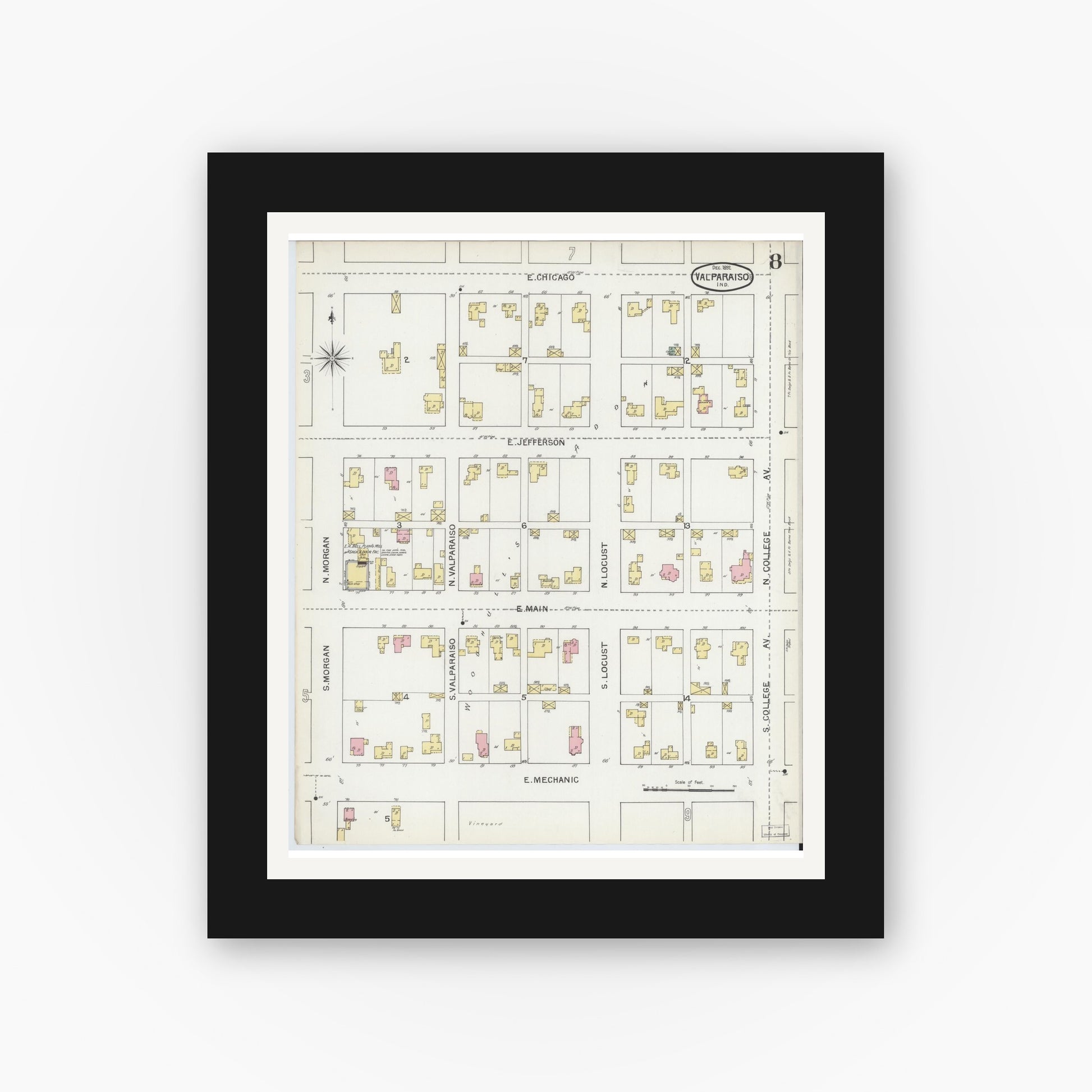 Old map wall art mockup — black gallery frame with white mat — Sanborn Fire Insurance Map from Valparaiso, Porter County, Indiana (1892), Sheet #0008