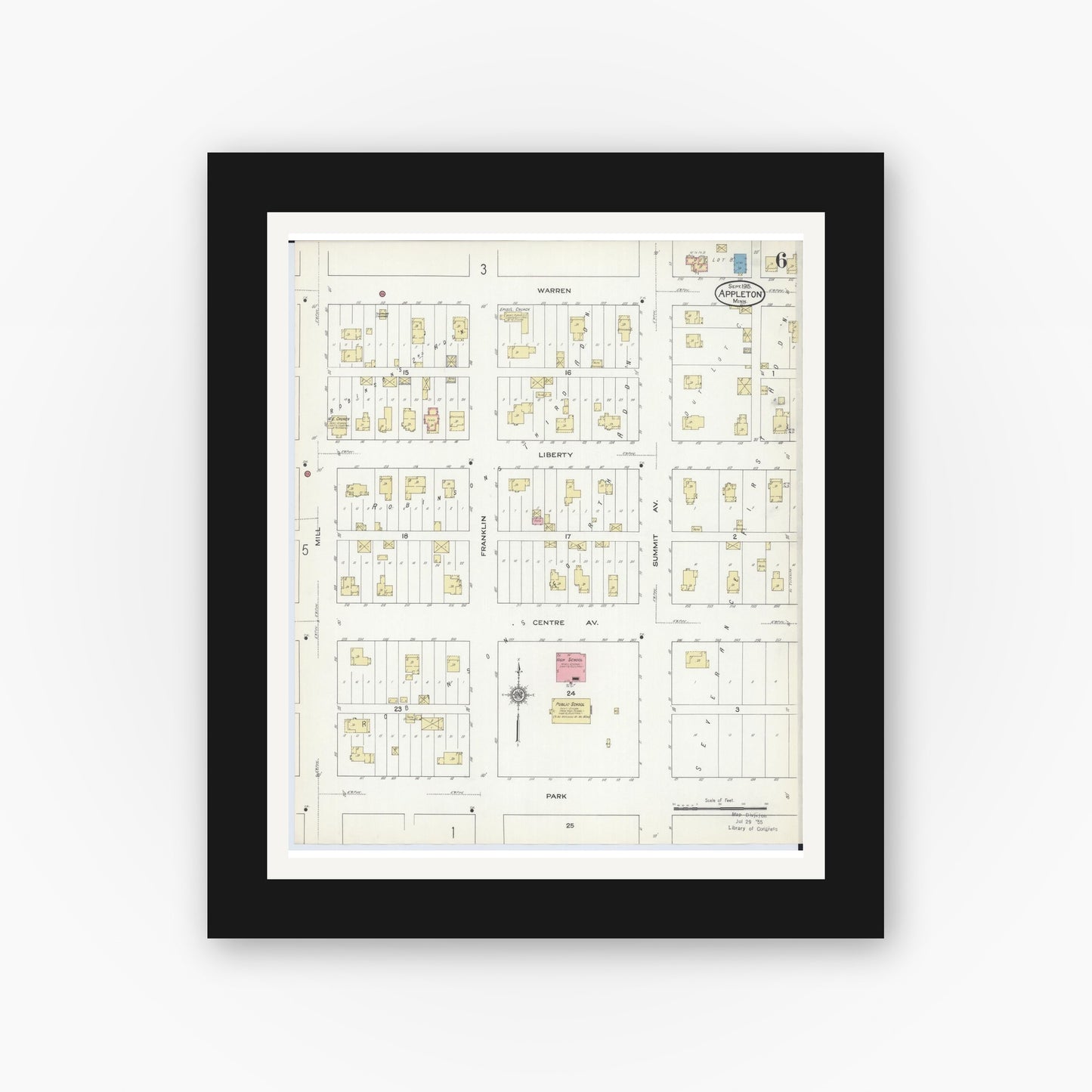 Old map wall art mockup — black gallery frame with white mat — Sanborn Fire Insurance Map from Appleton, Swift County, Minnesota (1915), Sheet #0006