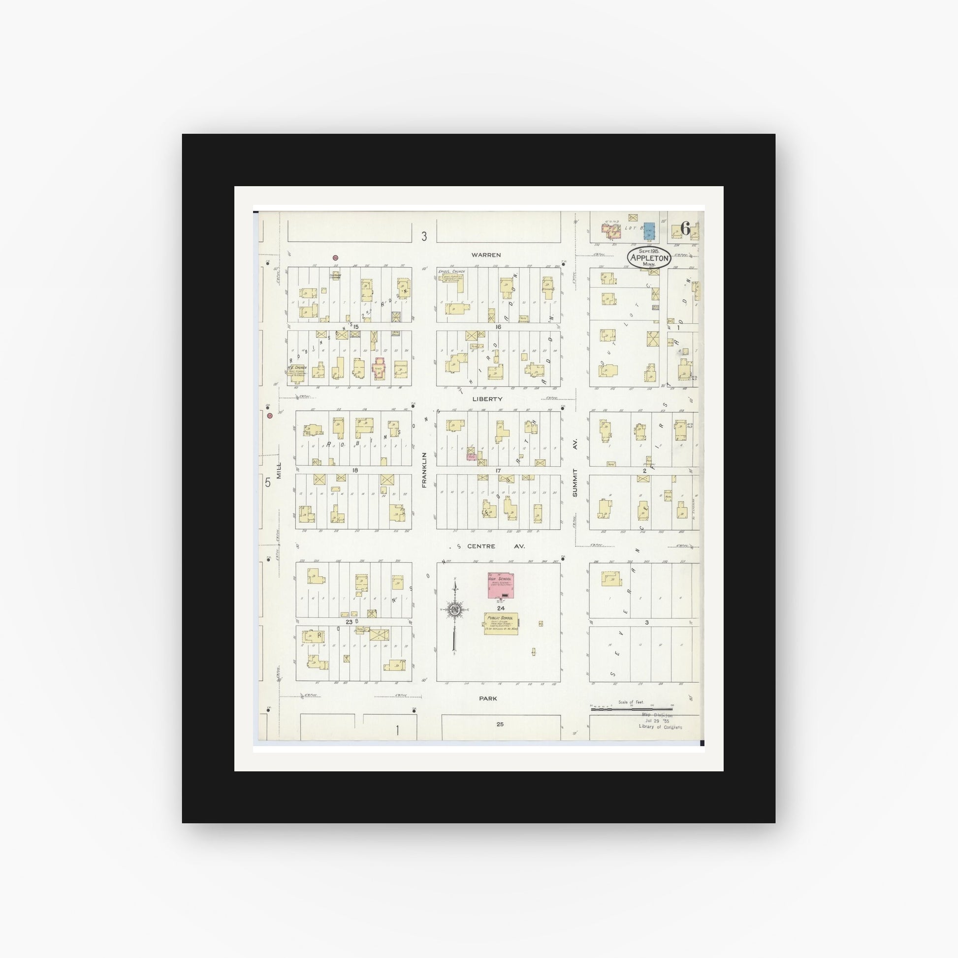 Old map wall art mockup — black gallery frame with white mat — Sanborn Fire Insurance Map from Appleton, Swift County, Minnesota (1915), Sheet #0006