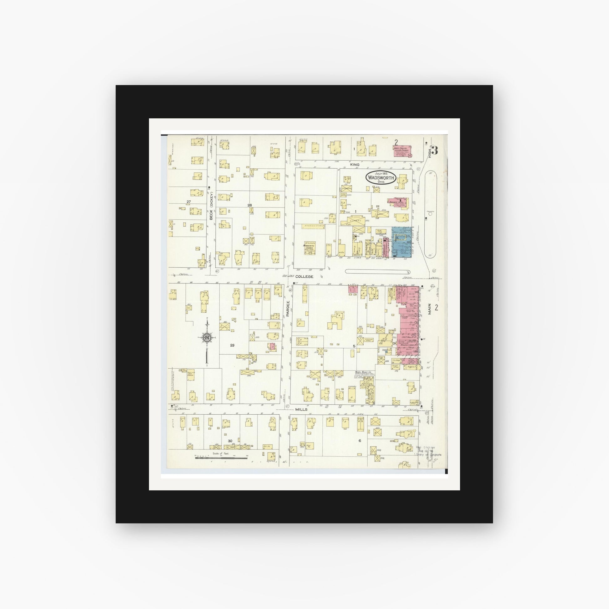 Old map wall art mockup — black gallery frame with white mat — Sanborn Fire Insurance Map from Wadsworth, Medina County, Ohio (1913), Sheet #0003