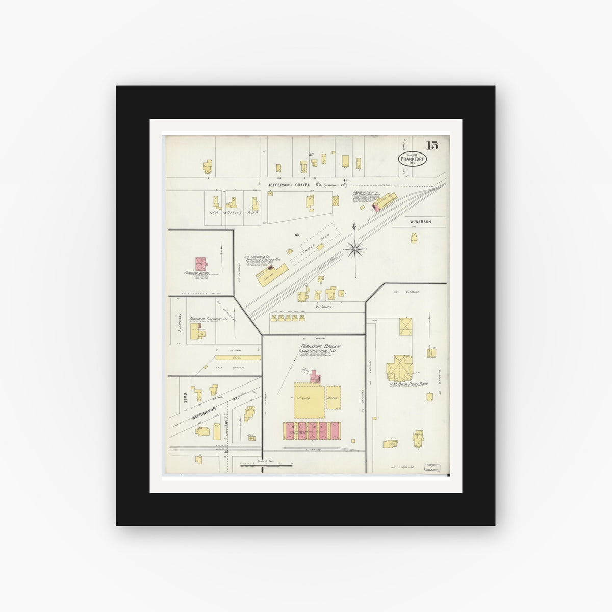 Old map wall art mockup — black gallery frame with white mat — Sanborn Fire Insurance Map from Frankfort, Clinton County, Indiana (1898), Sheet #0015