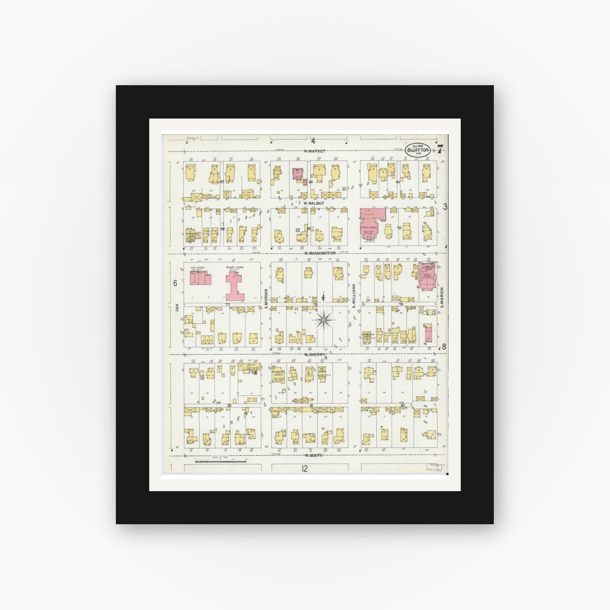 Old map wall art mockup — black gallery frame with white mat — Sanborn Fire Insurance Map from Bluffton, Wells County, Indiana (1900), Sheet #0007