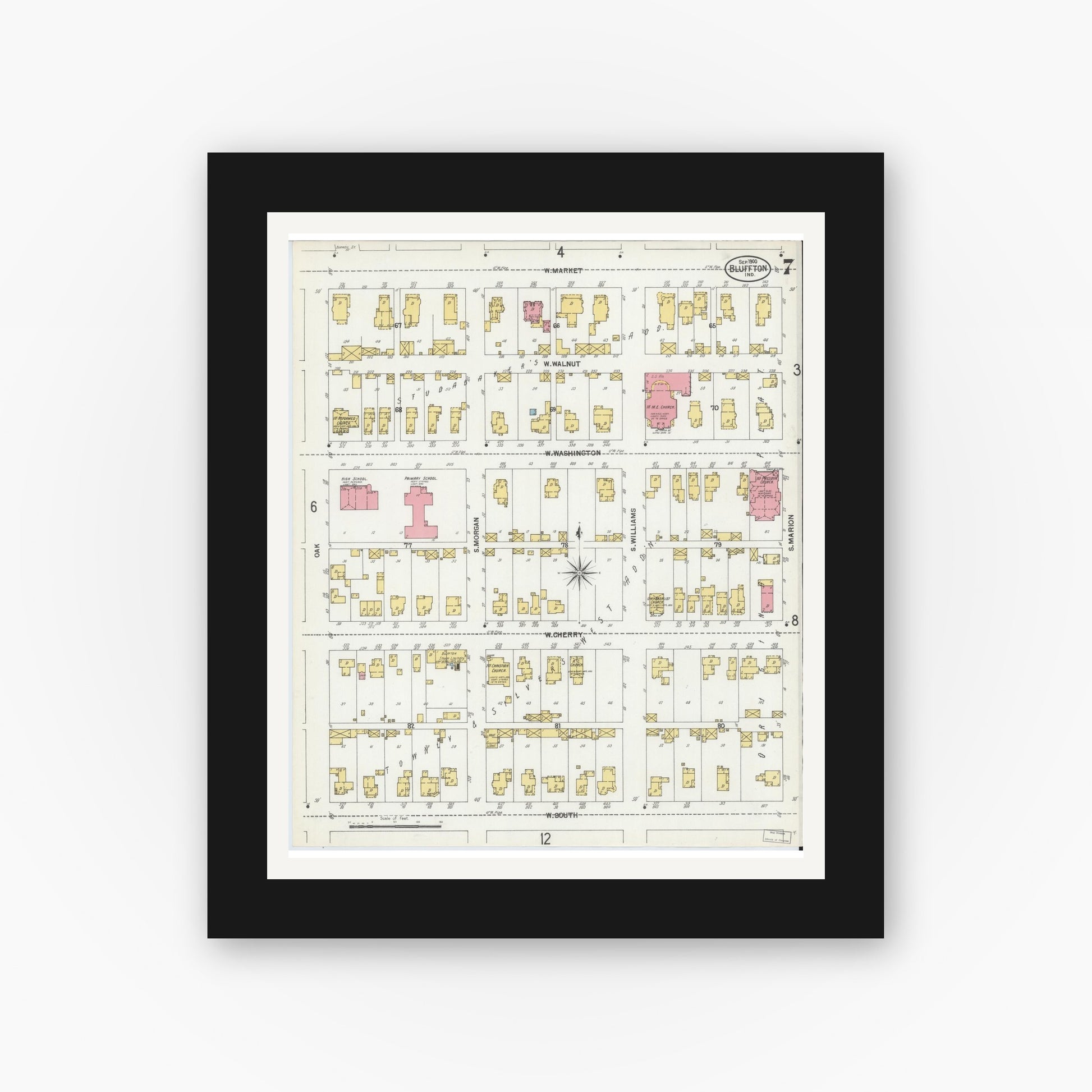 Old map wall art mockup — black gallery frame with white mat — Sanborn Fire Insurance Map from Bluffton, Wells County, Indiana (1900), Sheet #0007
