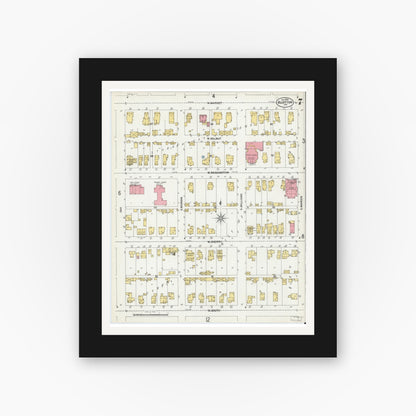 Old map wall art mockup — black gallery frame with white mat — Sanborn Fire Insurance Map from Bluffton, Wells County, Indiana (1900), Sheet #0007