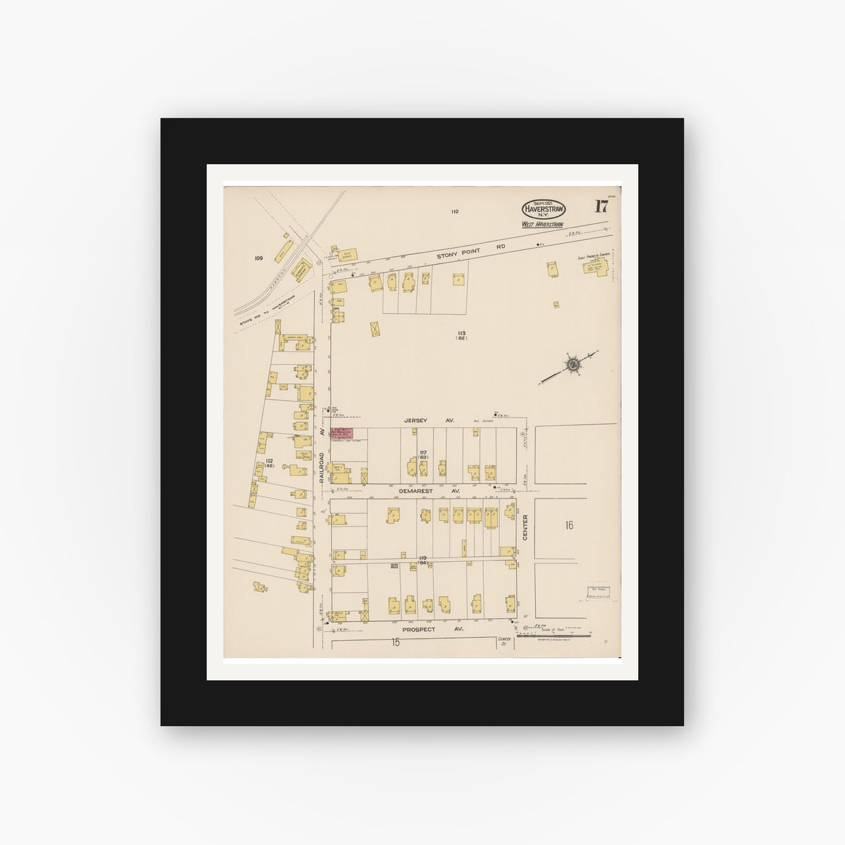 Old map wall art mockup — black gallery frame with white mat — Sanborn Fire Insurance Map from Haverstraw, Rockland County, New York (1921), Sheet #0017