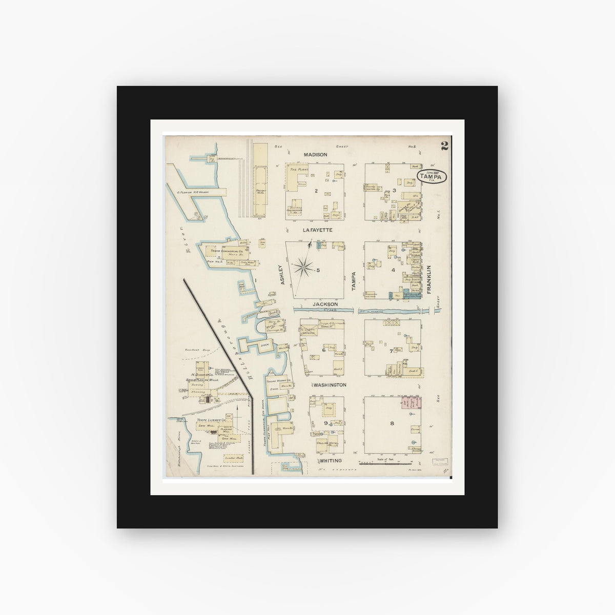 Old map wall art mockup — black gallery frame with white mat — Sanborn Fire Insurance Map from Tampa, Hillsborough County, Florida (1887), Sheet #0002