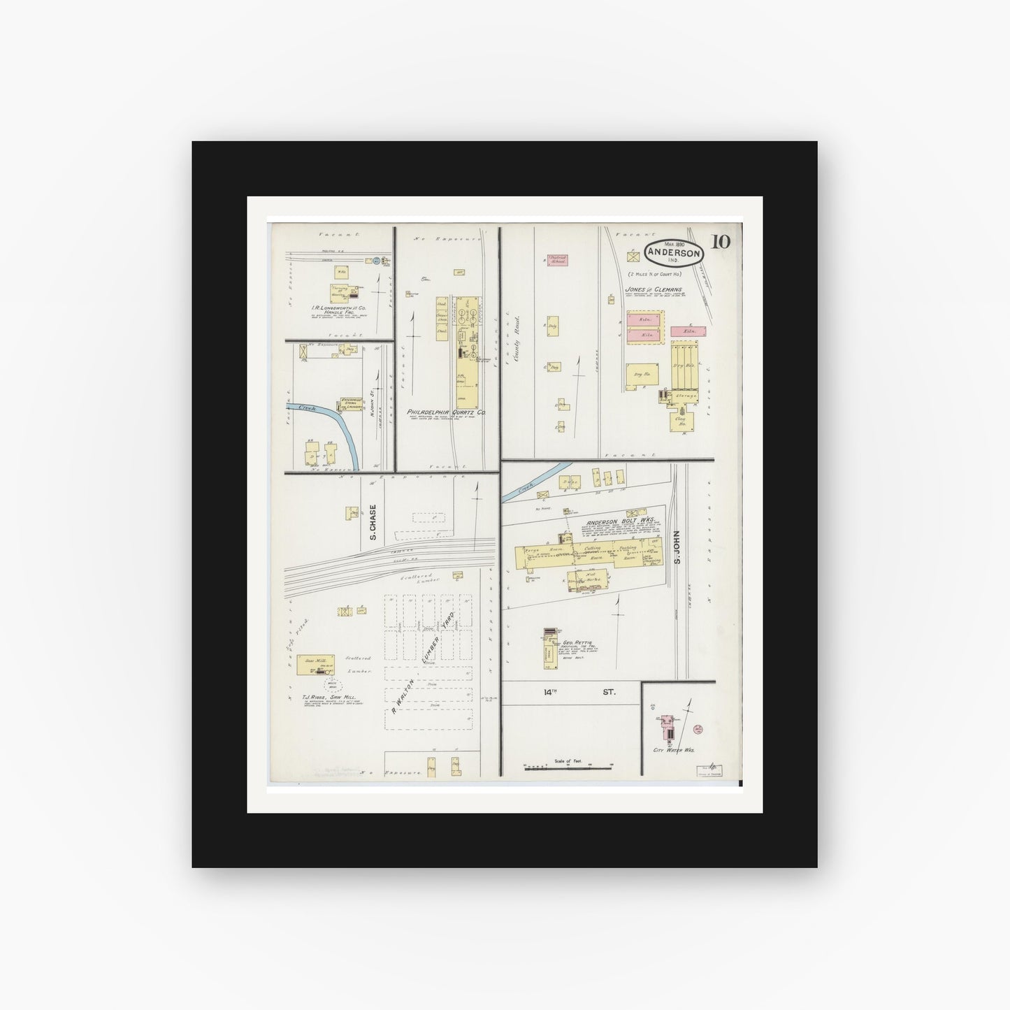 Old map wall art mockup — black gallery frame with white mat — Sanborn Fire Insurance Map from Anderson, Madison County, Indiana (1890), Sheet #0010