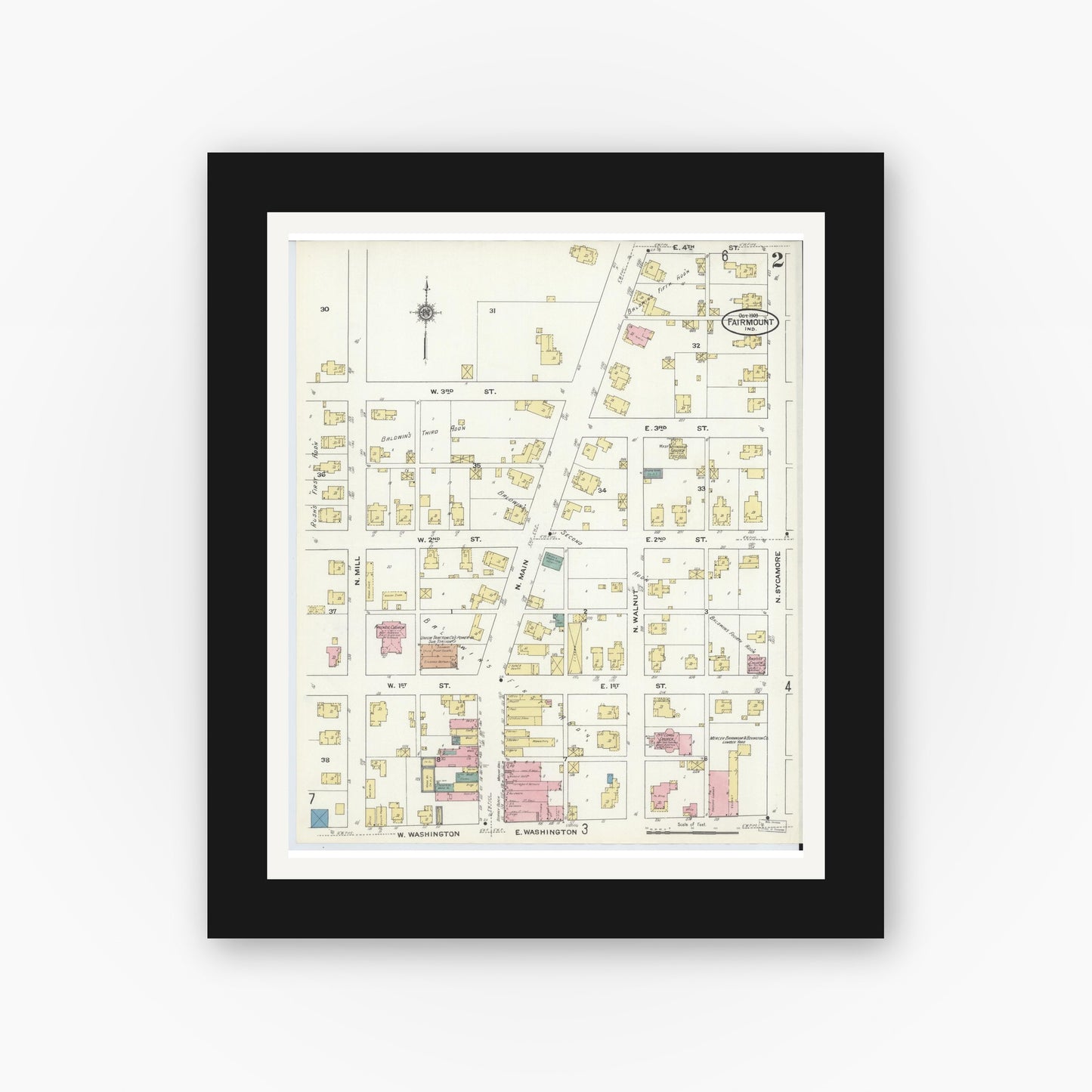 Old map wall art mockup — black gallery frame with white mat — Sanborn Fire Insurance Map from Fairmount, Grant County, Indiana (1909), Sheet #0002