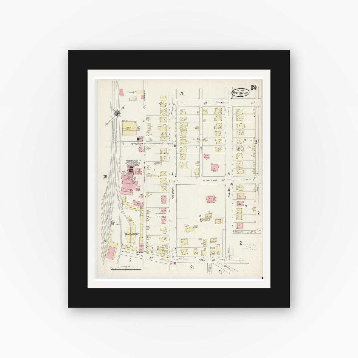Old map wall art mockup — black gallery frame with white mat — Sanborn Fire Insurance Map from Washington, Washington County, Pennsylvania (1914), Sheet #0019