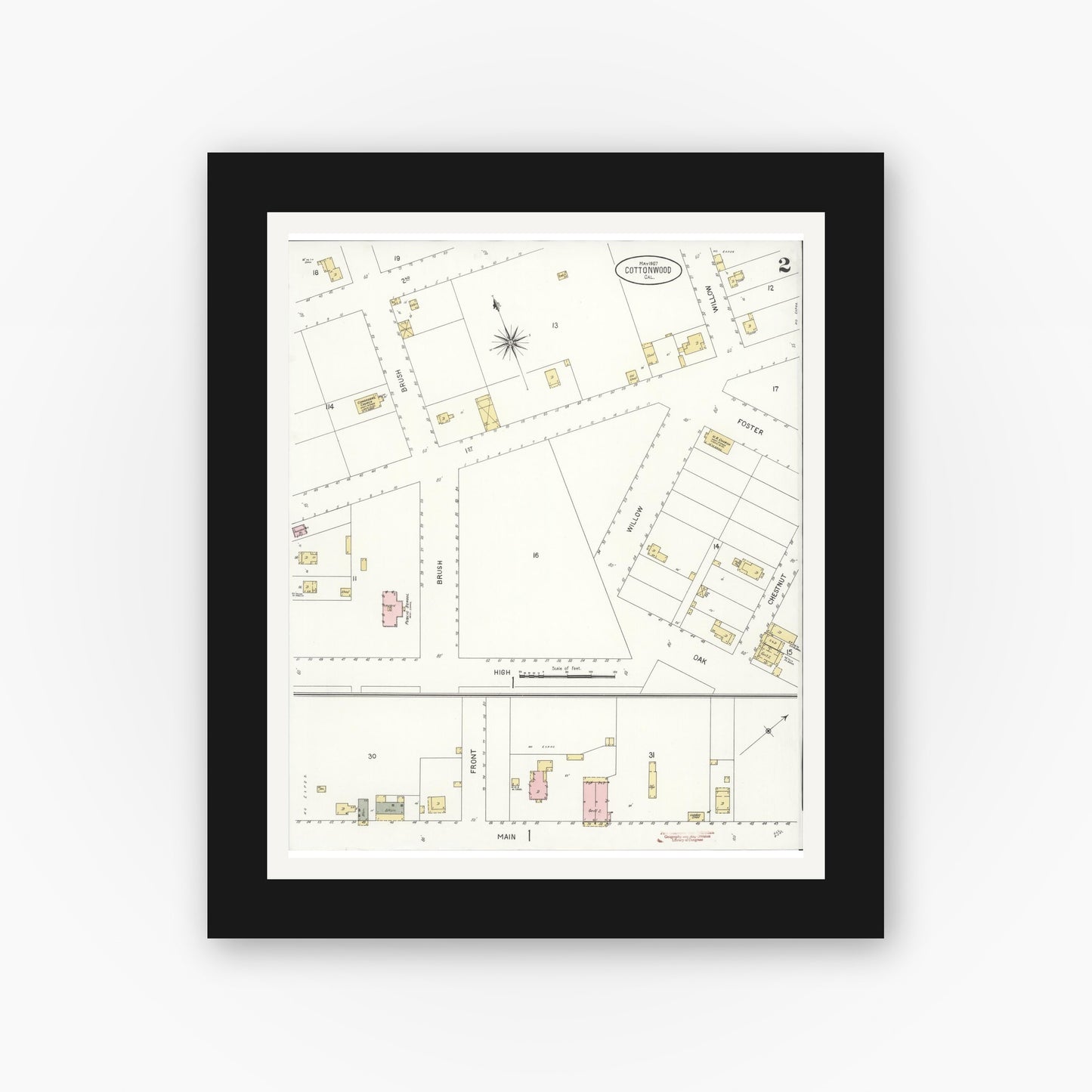 Old map wall art mockup — black gallery frame with white mat — Sanborn Fire Insurance Map from Cottonwood, Shasta County, California (1907), Sheet #0002