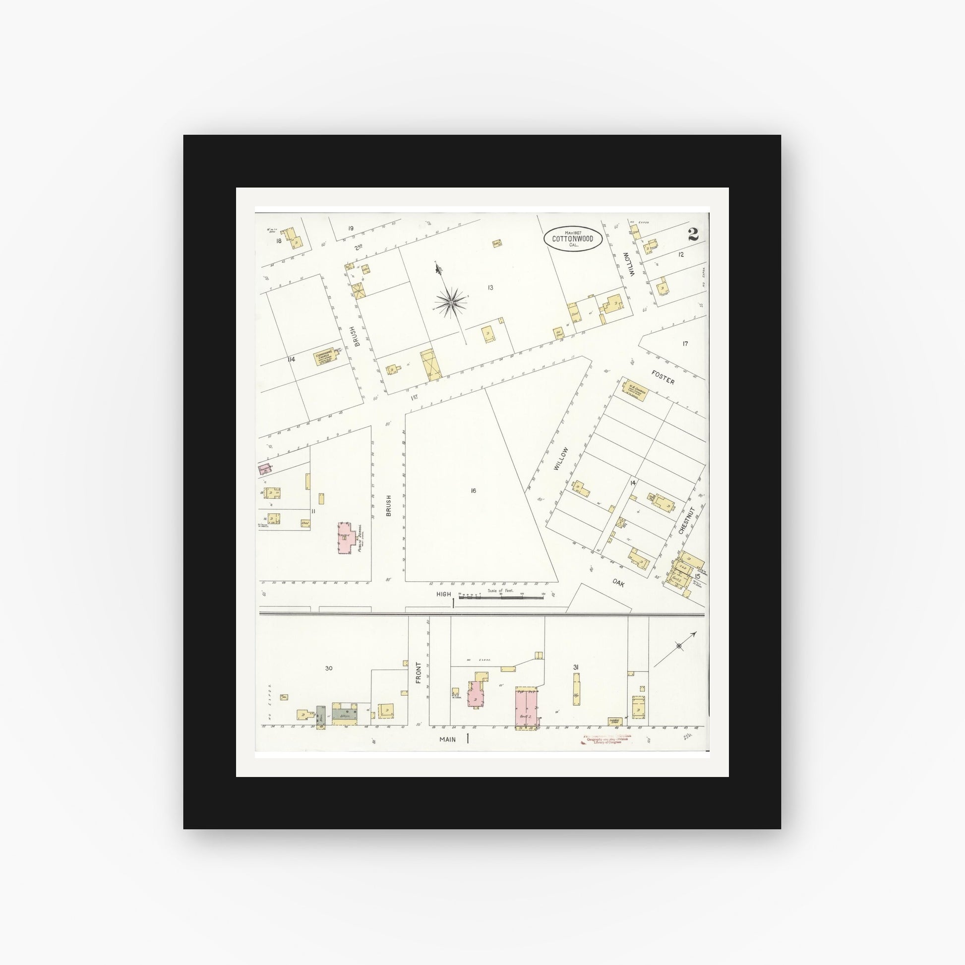 Old map wall art mockup — black gallery frame with white mat — Sanborn Fire Insurance Map from Cottonwood, Shasta County, California (1907), Sheet #0002