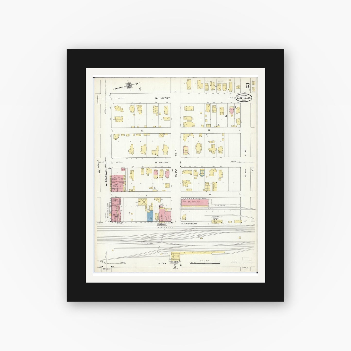 Old map wall art mockup — black gallery frame with white mat — Sanborn Fire Insurance Map from Centralia, Marion, Clinton, Jefferson, and Washington Counties, Illinois (1916), Sheet #0005