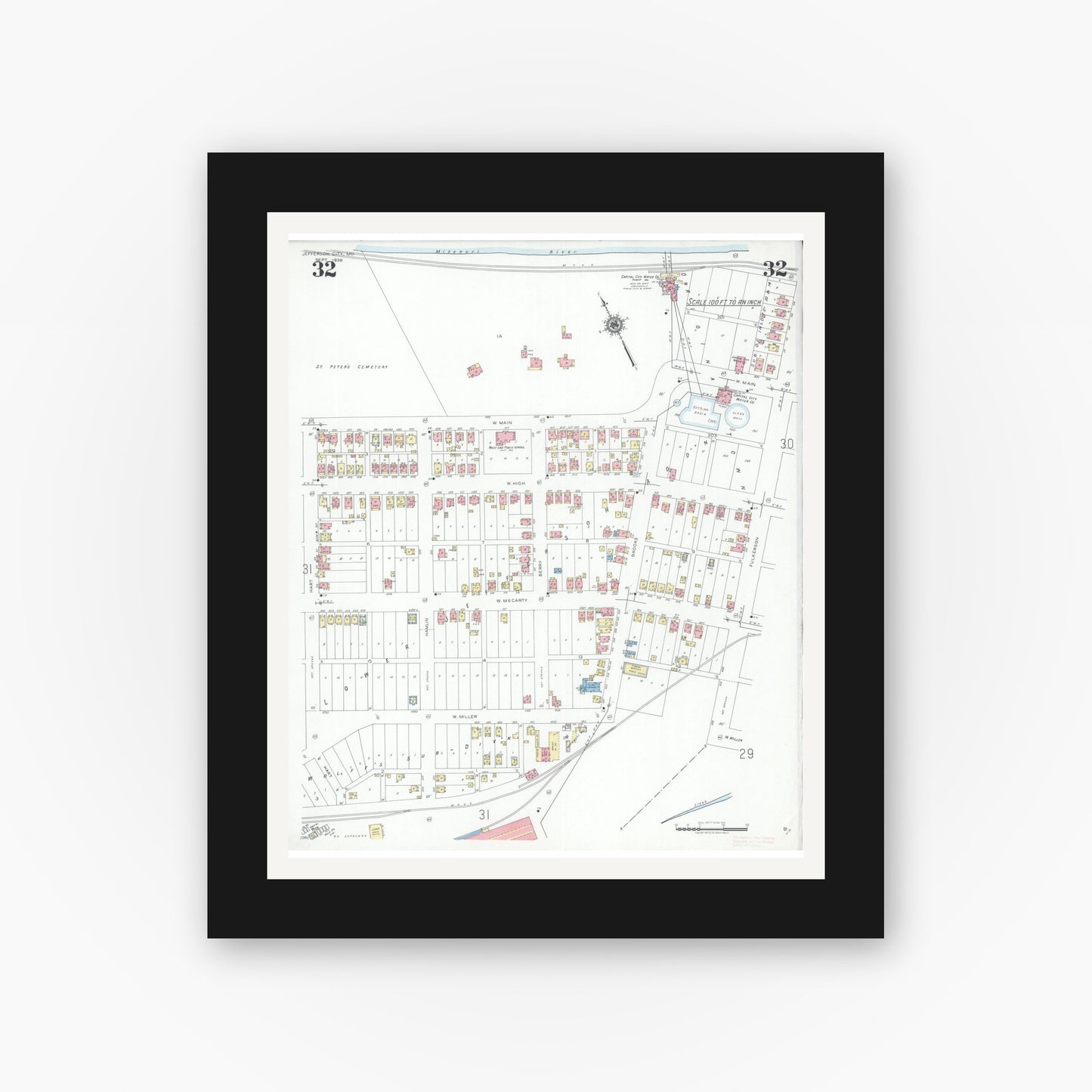 Old map wall art mockup — black gallery frame with white mat — Sanborn Fire Insurance Map from Jefferson City, Cole County, Missouri (1939), Sheet #0032