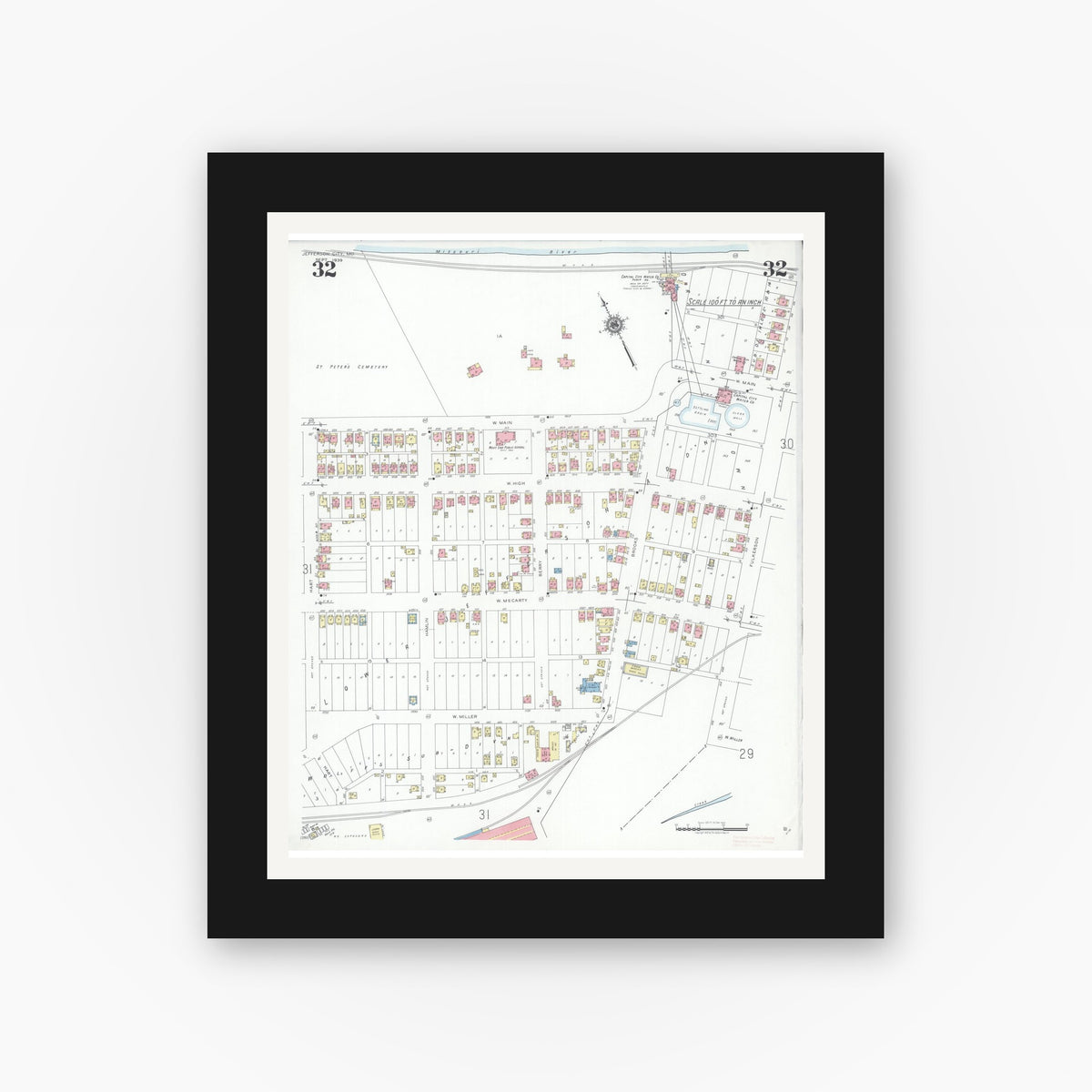 Old map wall art mockup — black gallery frame with white mat — Sanborn Fire Insurance Map from Jefferson City, Cole County, Missouri (1939), Sheet #0032