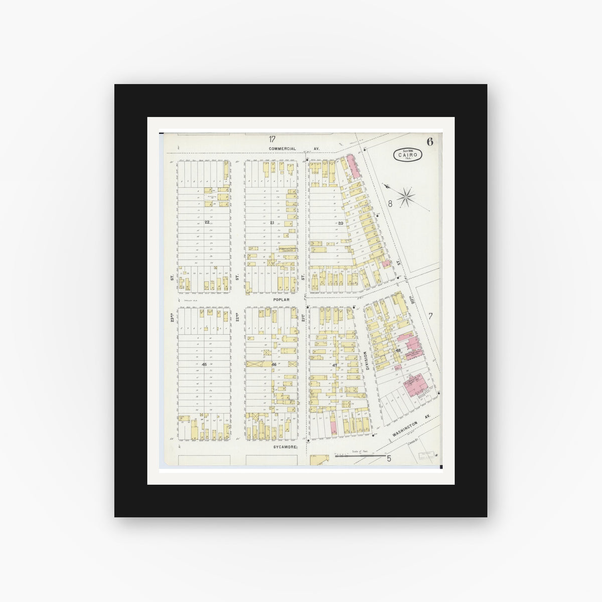 Old map wall art mockup — black gallery frame with white mat — Sanborn Fire Insurance Map from Cairo, Alexander County, Illinois (1896), Sheet #0006