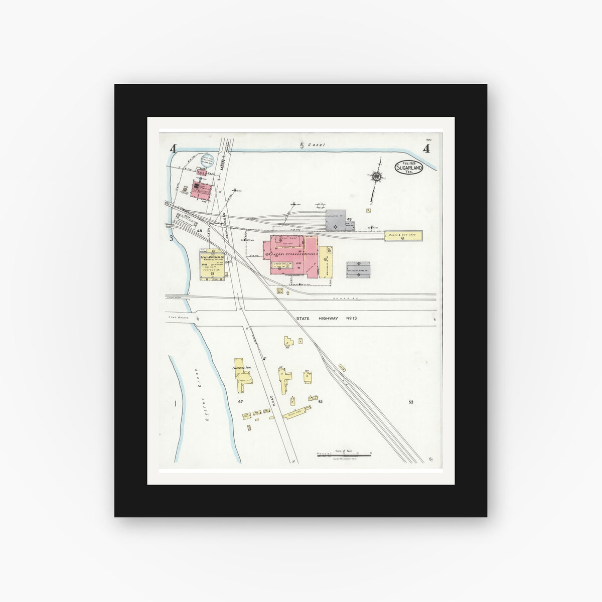 Old map wall art mockup — black gallery frame with white mat — Sanborn Fire Insurance Map from Sugarland, Fort Bend County, Texas (1926), Sheet #0004