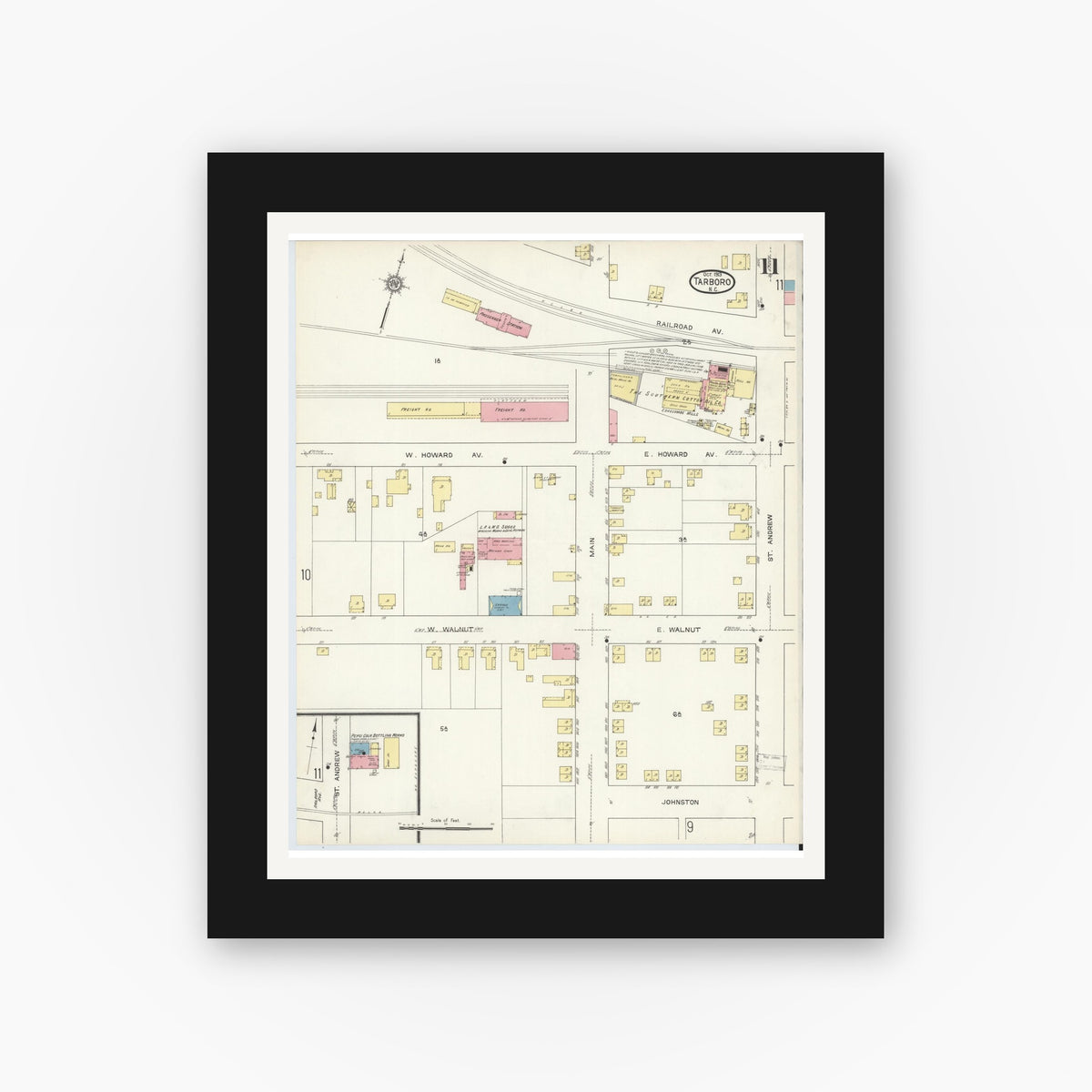 Old map wall art mockup — black gallery frame with white mat — Sanborn Fire Insurance Map from Tarboro, Edgecombe County, North Carolina (1913), Sheet #0011