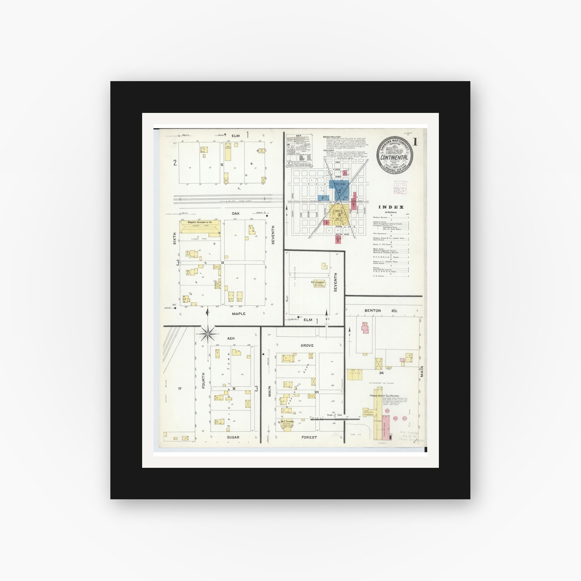 Old map wall art mockup — black gallery frame with white mat — Sanborn Fire Insurance Map from Continental, Putnam County, Ohio (1908) - Complete Map Set