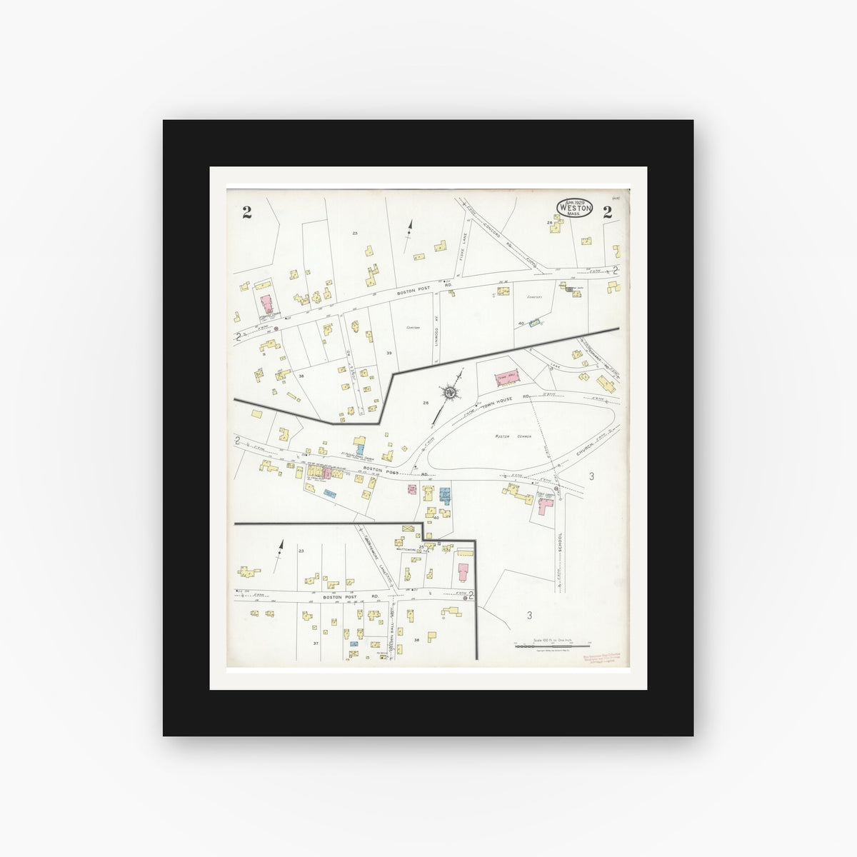Old map wall art mockup — black gallery frame with white mat — Sanborn Fire Insurance Map from Weston, Middlesex County, Massachusetts (1929), Sheet #0002