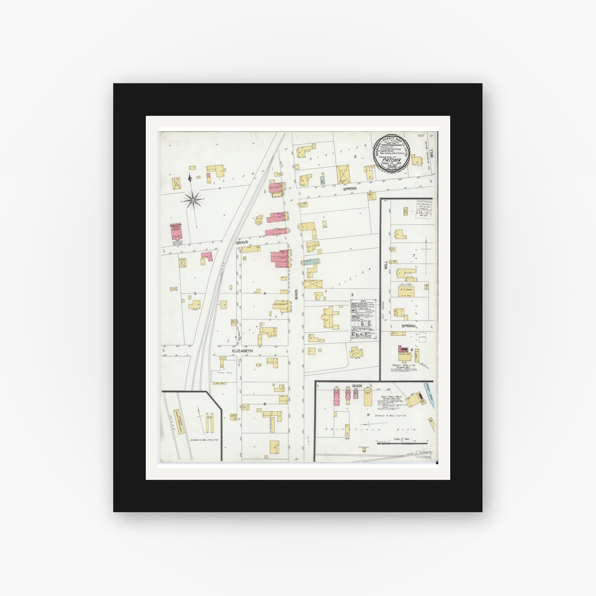Old map wall art mockup — black gallery frame with white mat — Sanborn Fire Insurance Map from Patoka, Gibson County, Indiana (1900), Sheet #0001