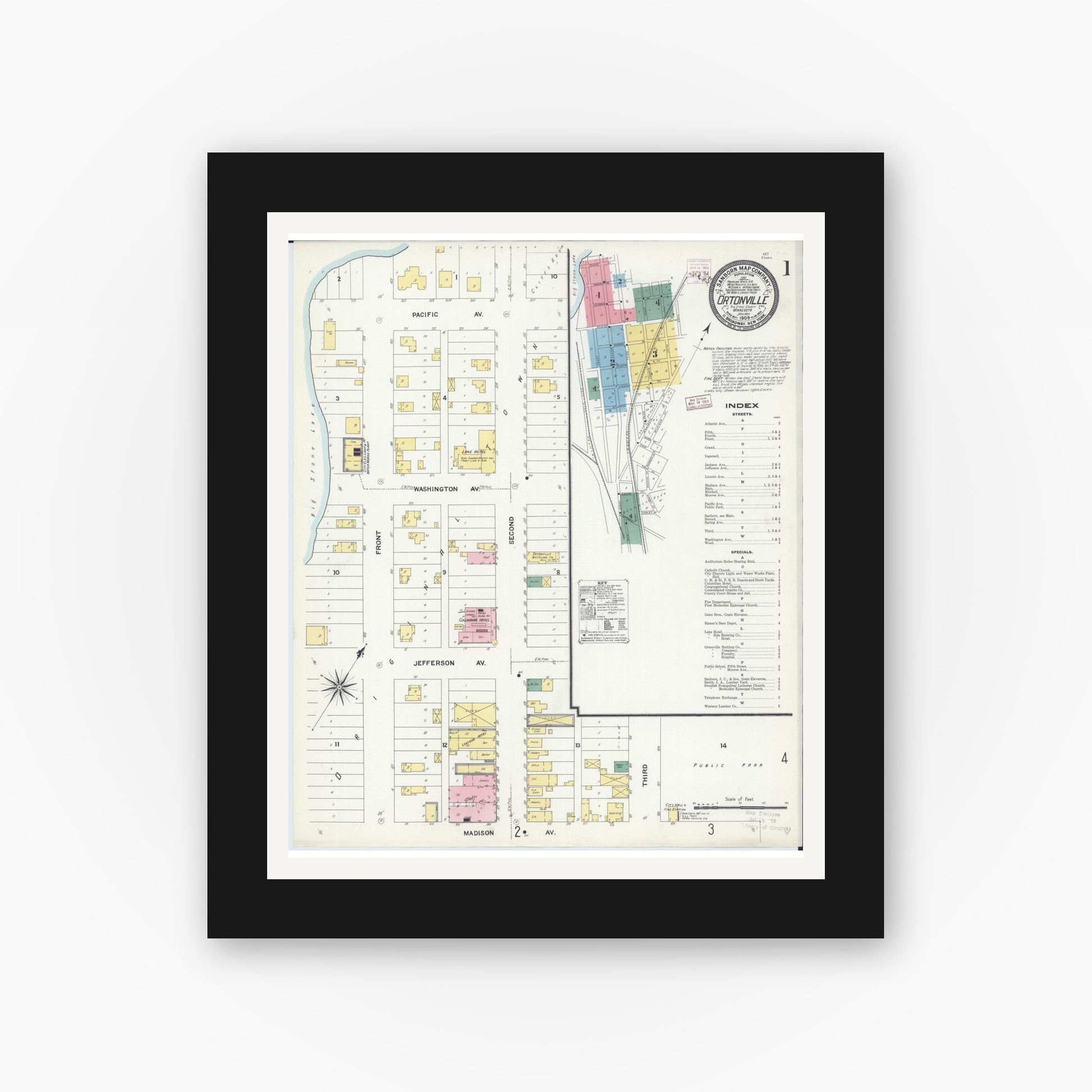 Old map wall art mockup — black gallery frame with white mat — Sanborn Fire Insurance Map from Ortonville, Big Stone County, Minnesota (1909) - Complete Map Set