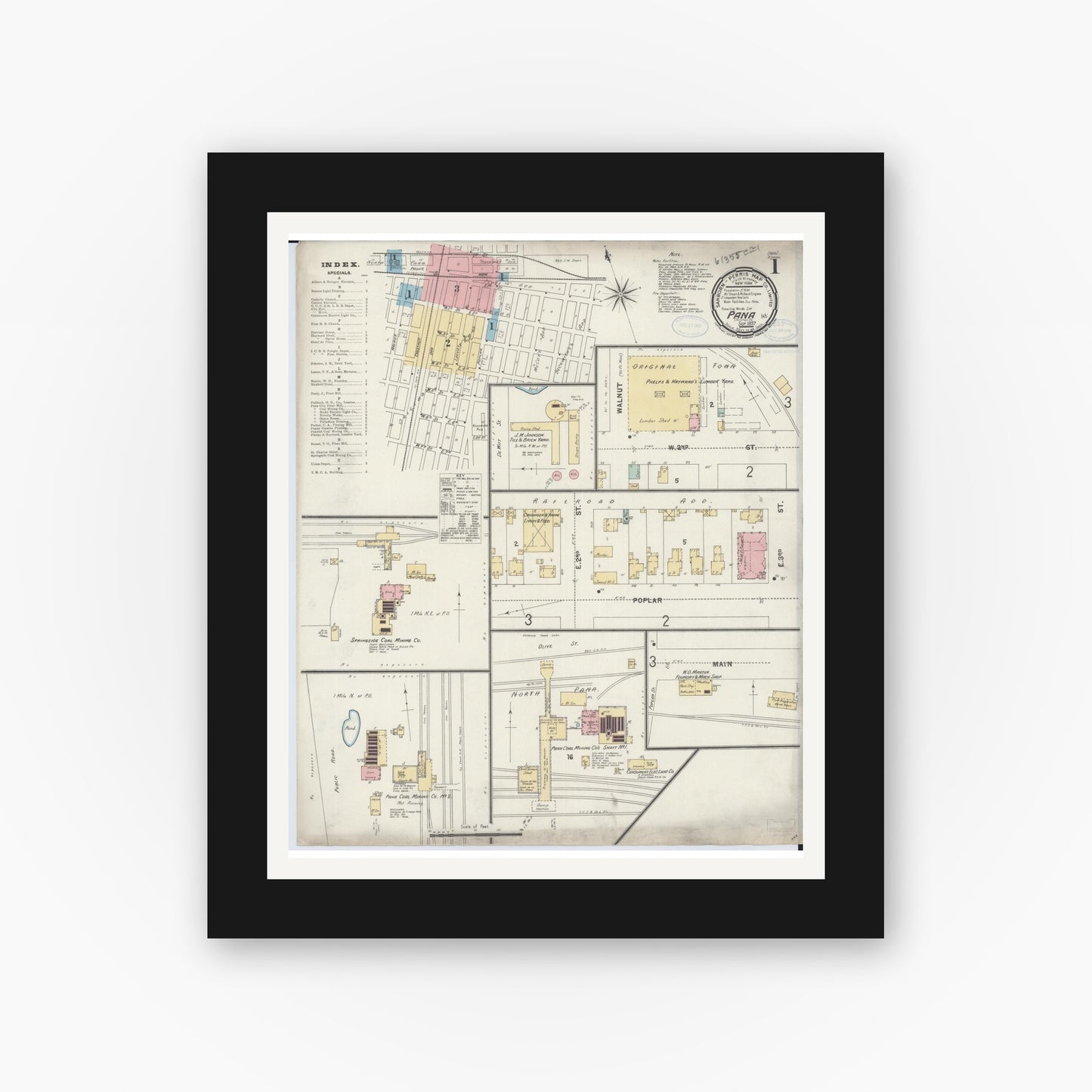 Old map wall art mockup — black gallery frame with white mat — Sanborn Fire Insurance Map from Pana, Christian County, Illinois (1897) - Complete Map Set