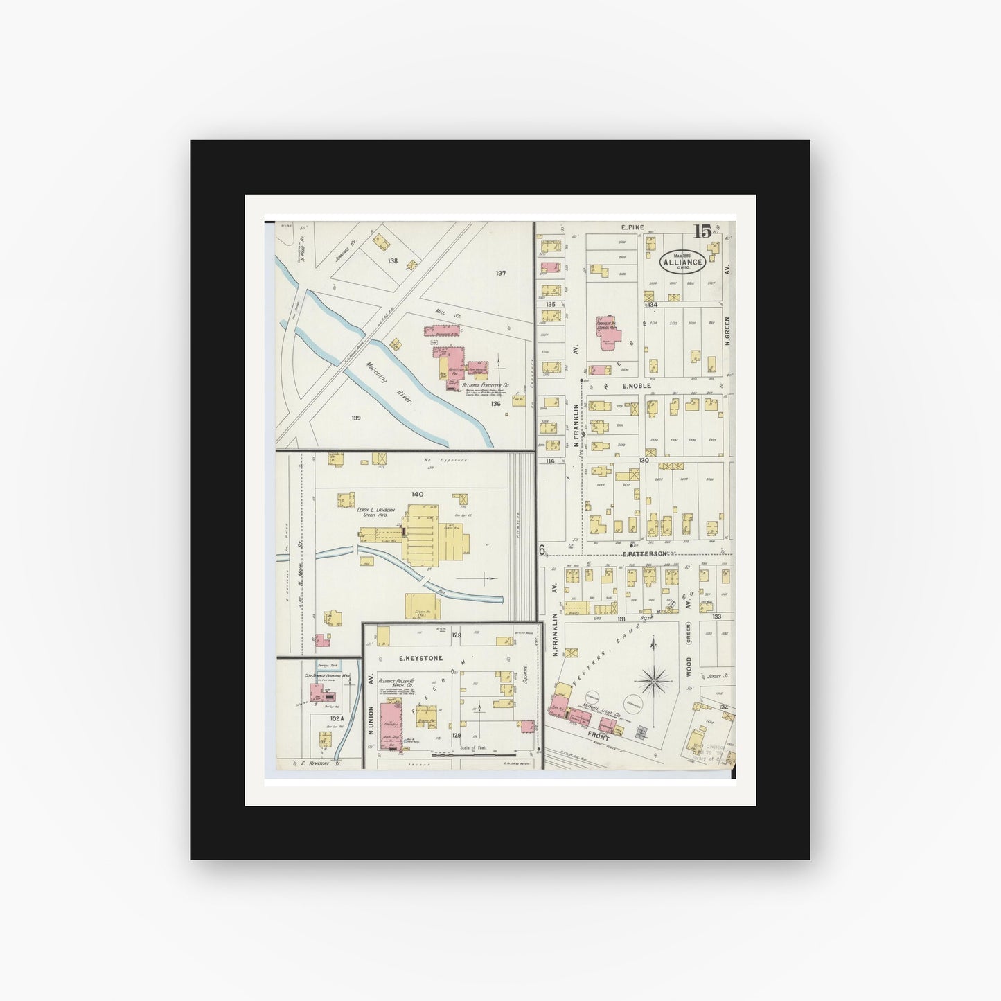 Old map wall art mockup — black gallery frame with white mat — Sanborn Fire Insurance Map from Alliance, Stark County, Ohio (1898), Sheet #0015